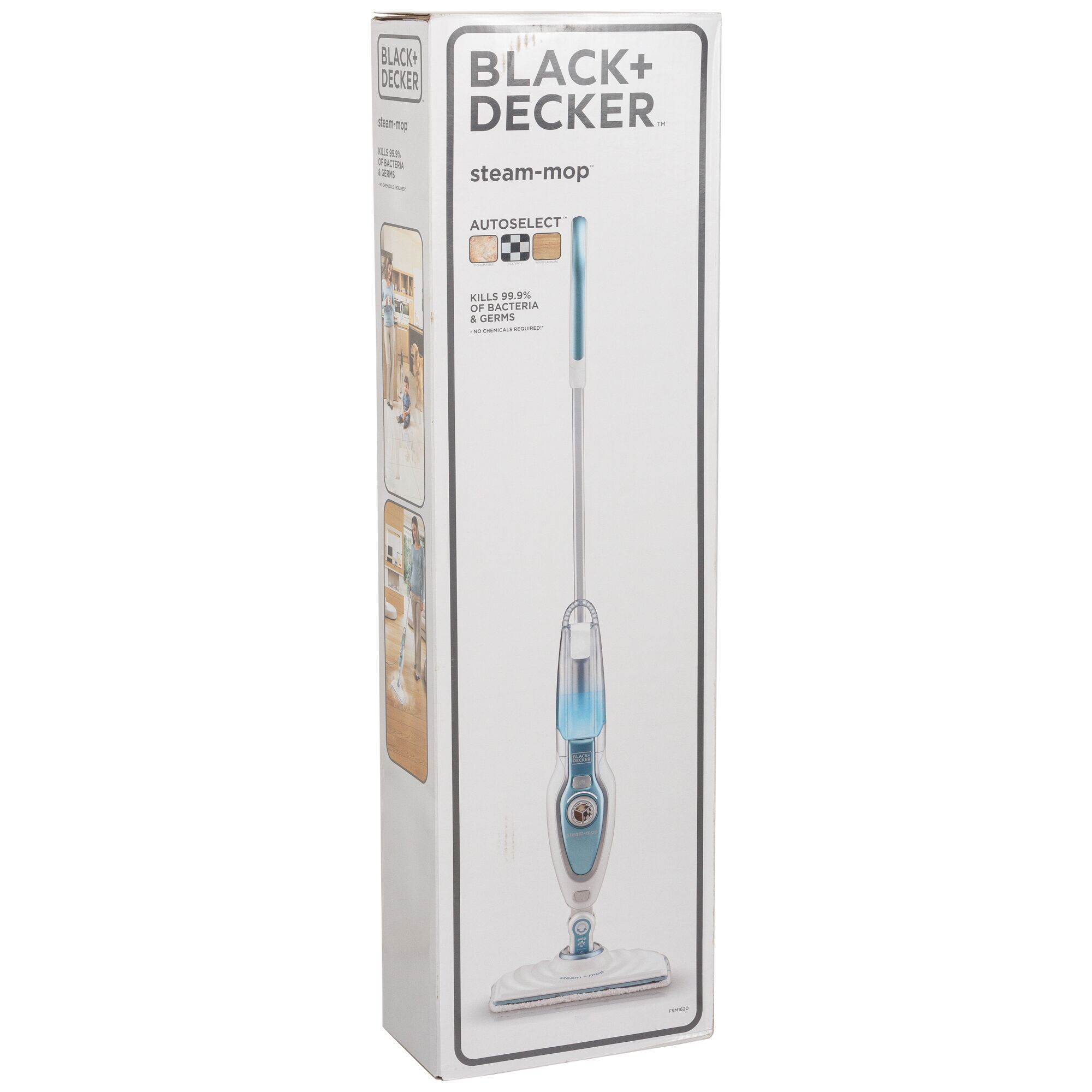BLACK+DECKER steam mop FSM1620 box, white and blue, product photo at front left angle.