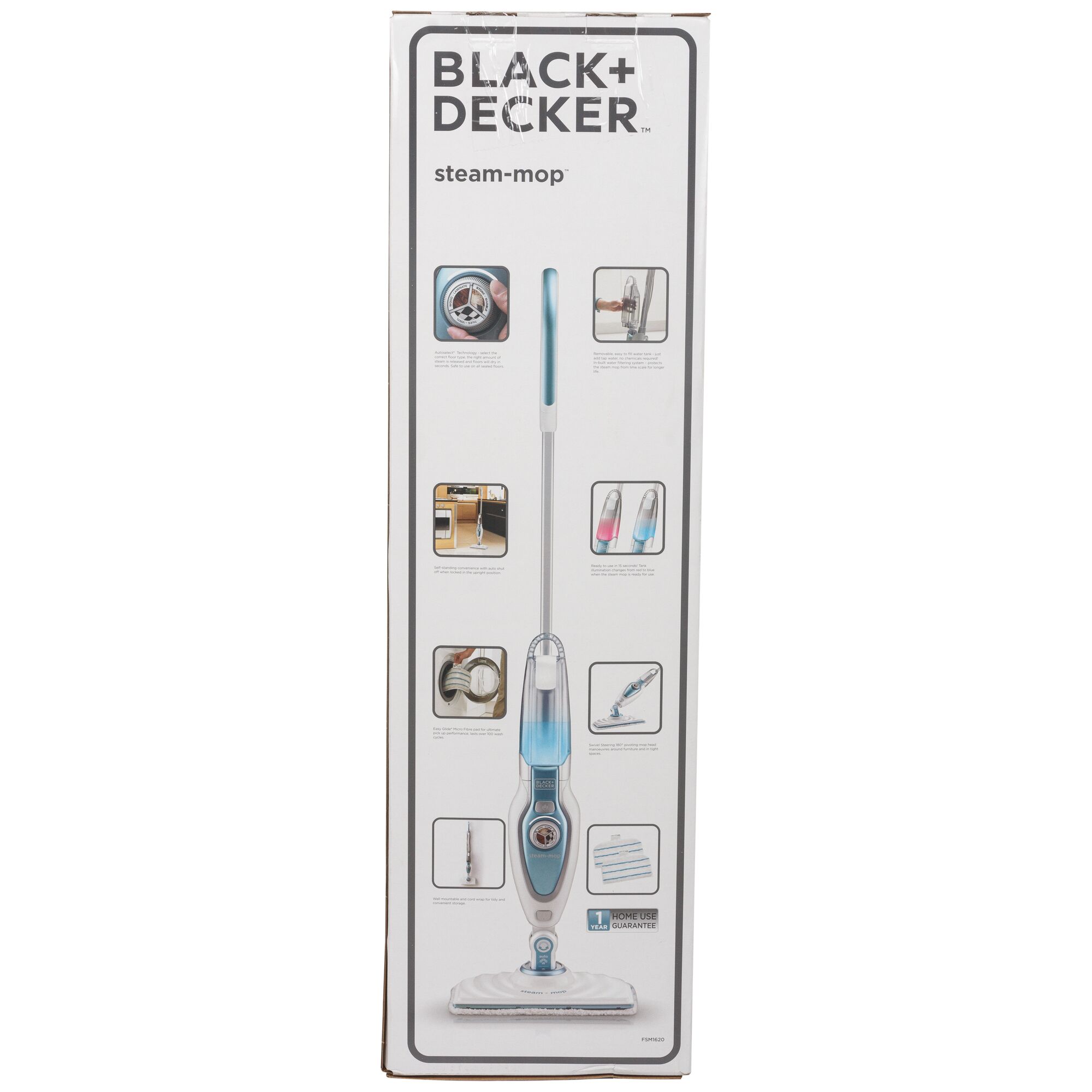 BLACK+DECKER FSM1620 steam mop packaging, upright angle, white box with blue and gray product image and features.