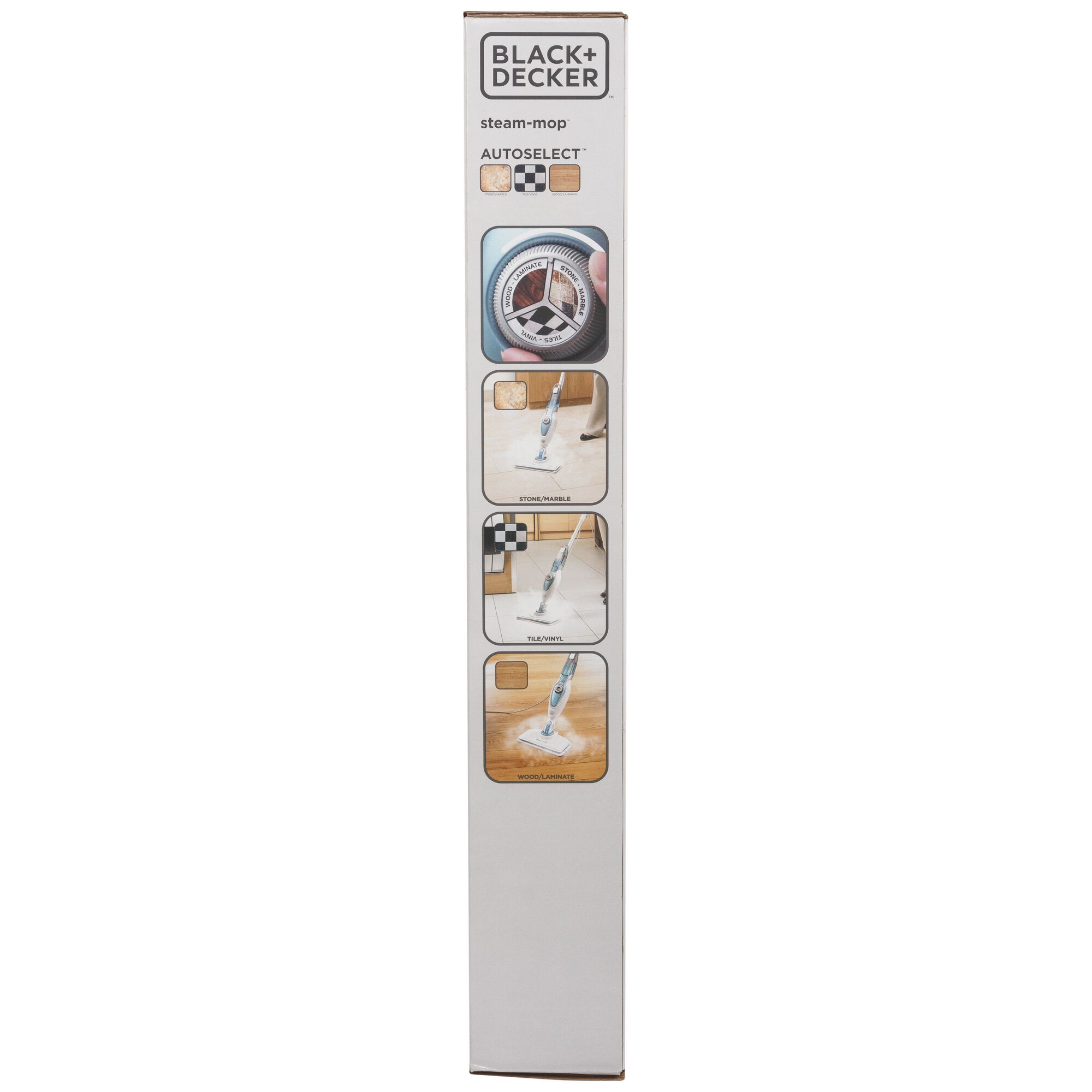 BLACK+DECKER FSM1620 steam-mop box side view with AutoSelect feature and cleaning surface images.