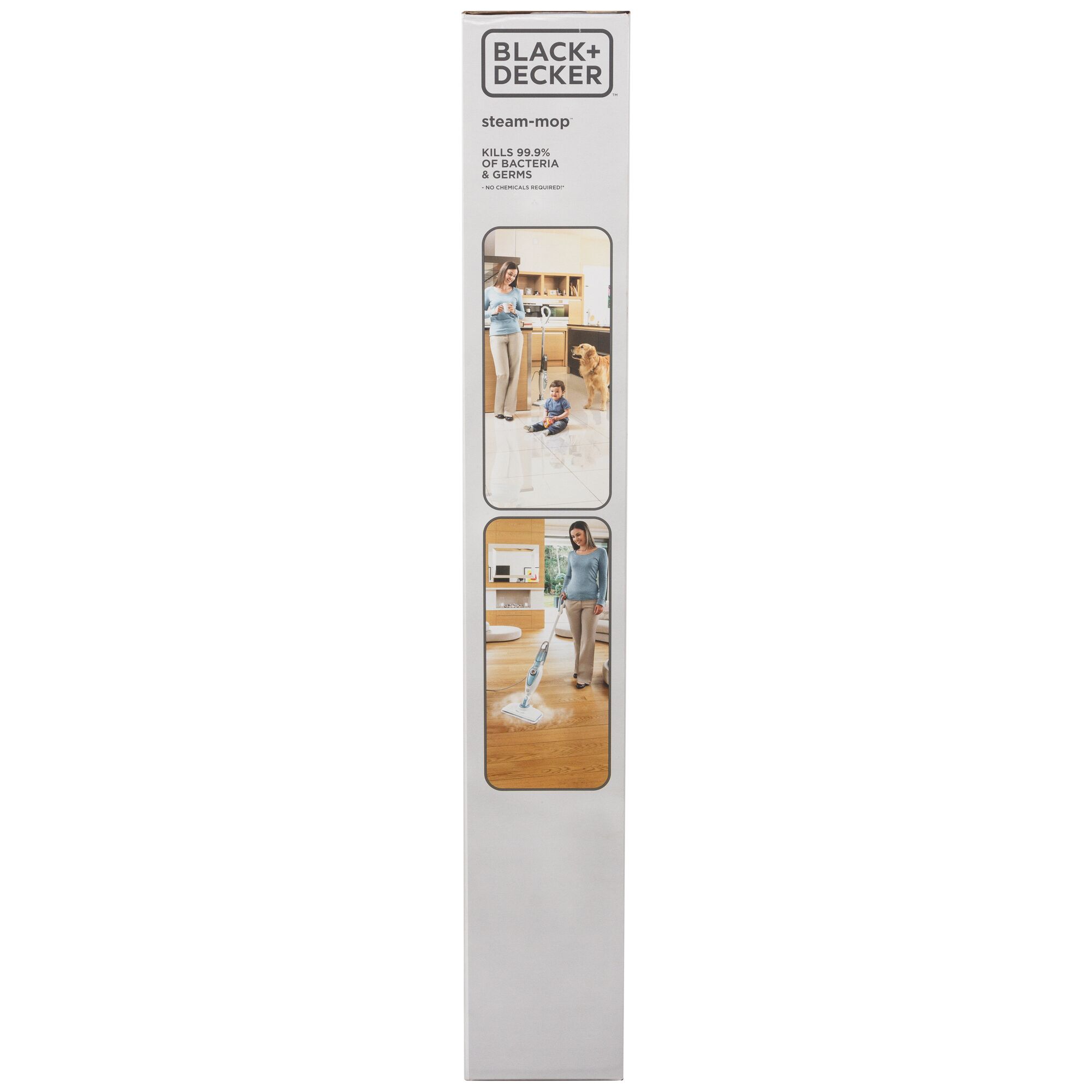 BLACK+DECKER FSM1620 steam mop packaging, white box with product and usage photos, front angle.