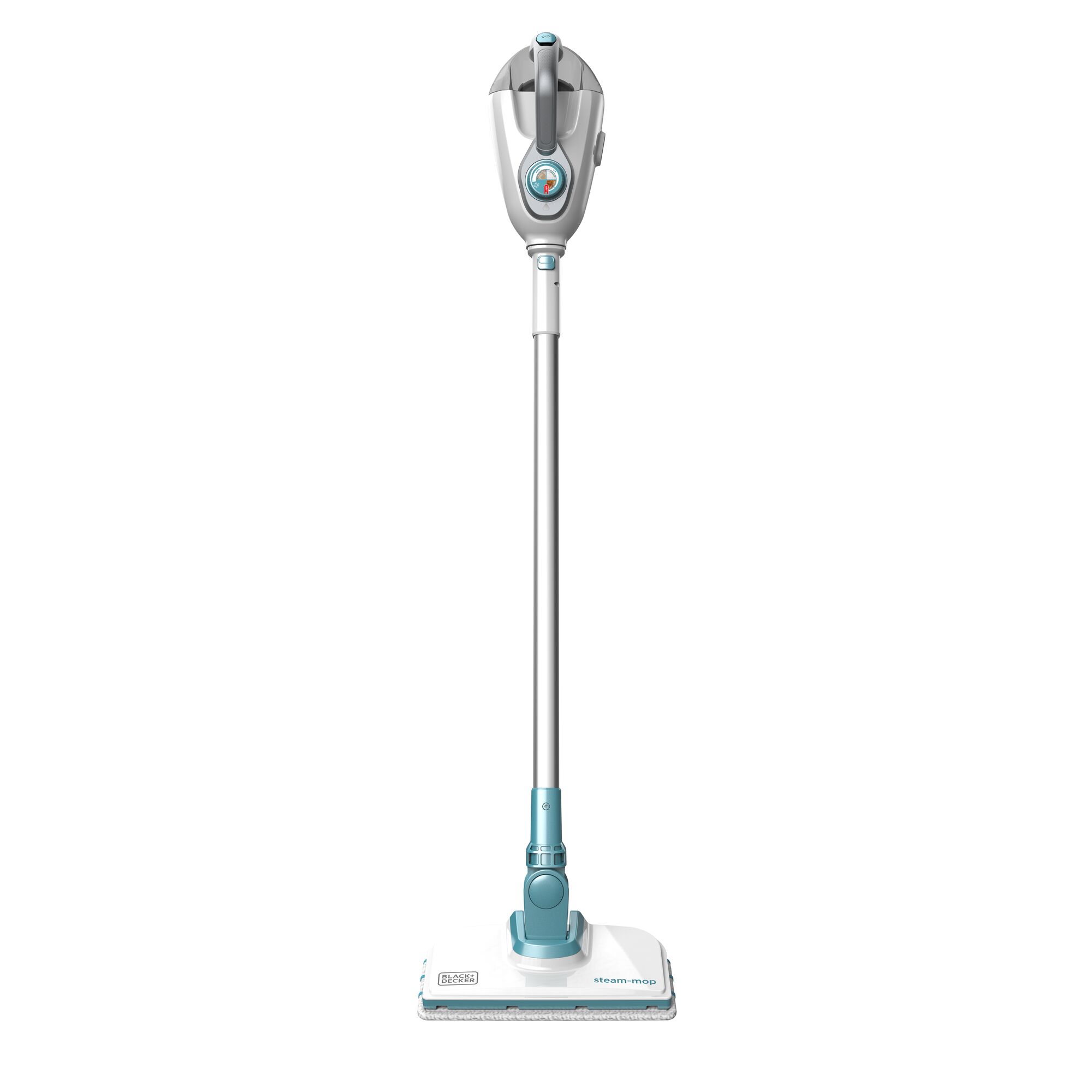 BLACKDECKER FSMH1300FX steam mop, upright view, white and blue, household cleaning tool.