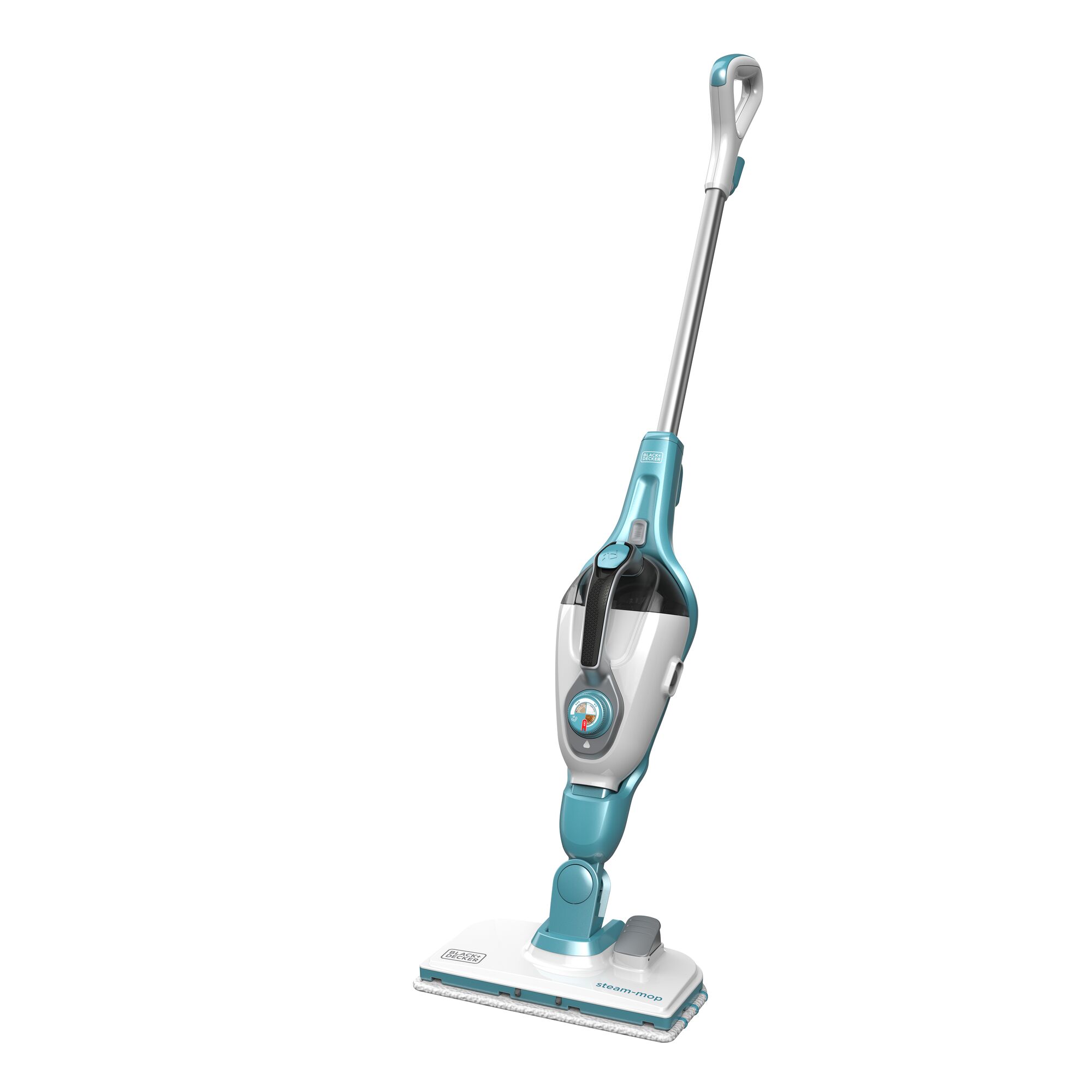 A BLACK+DECKER steam mop with a blue and white design, featuring a long handle and rectangular cleaning head.