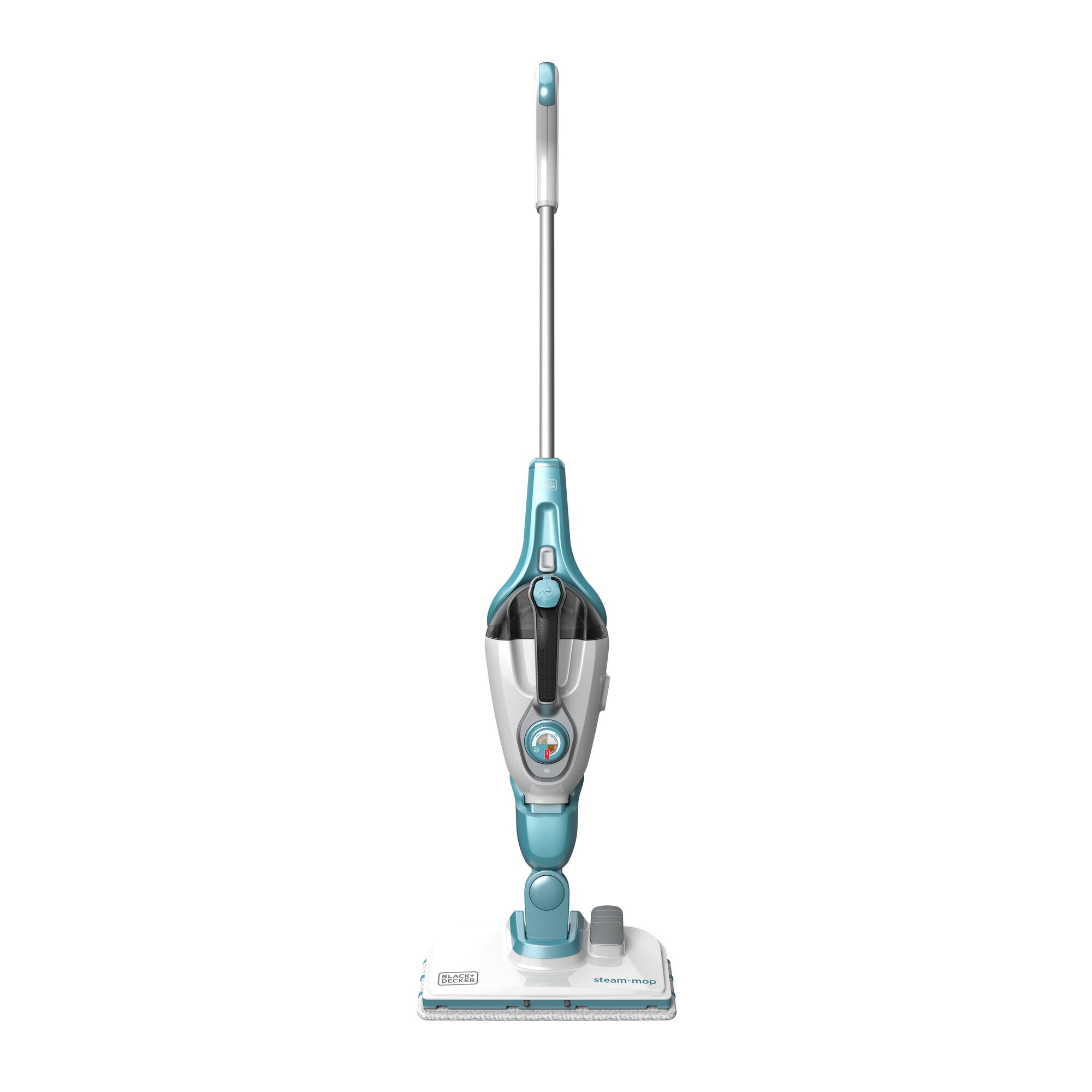 A BLACK+DECKER steam mop with a turquoise and white body, upright on a white background. The mop has a rectangular cleaning head and a handle extending upwards.