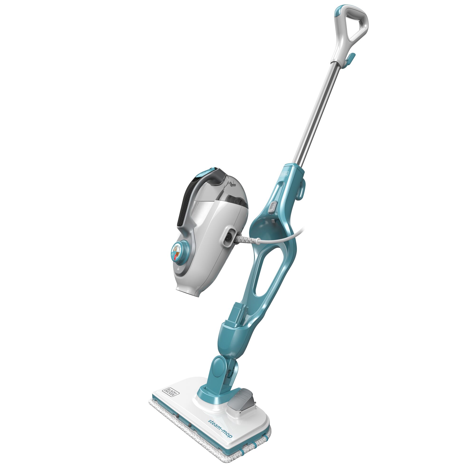 A BLACK+DECKER steam mop with a detachable handheld steamer, featuring a turquoise and white design.