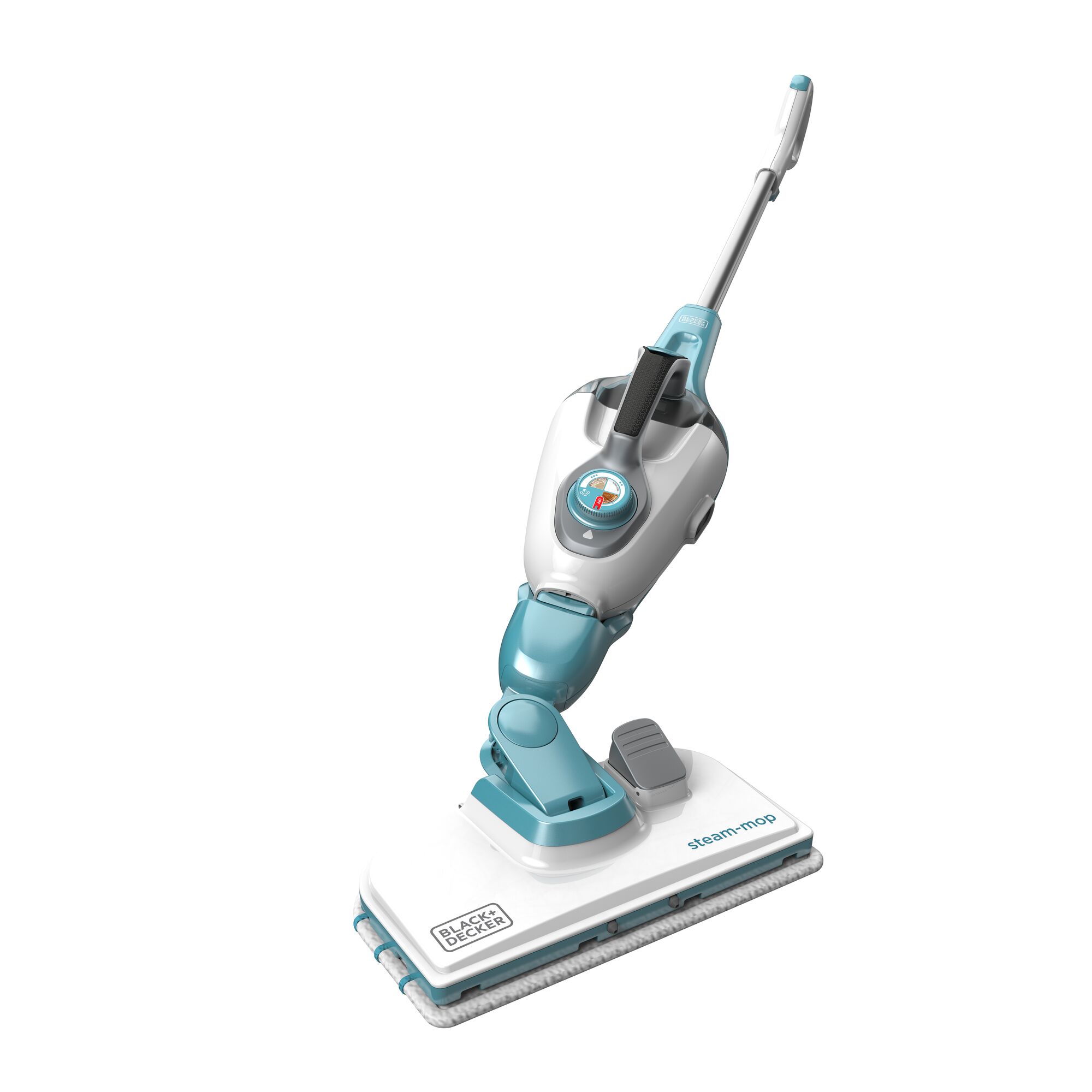 A BLACK+DECKER branded steam mop with a detachable water tank and a blue and white color scheme, designed for cleaning hard floors.