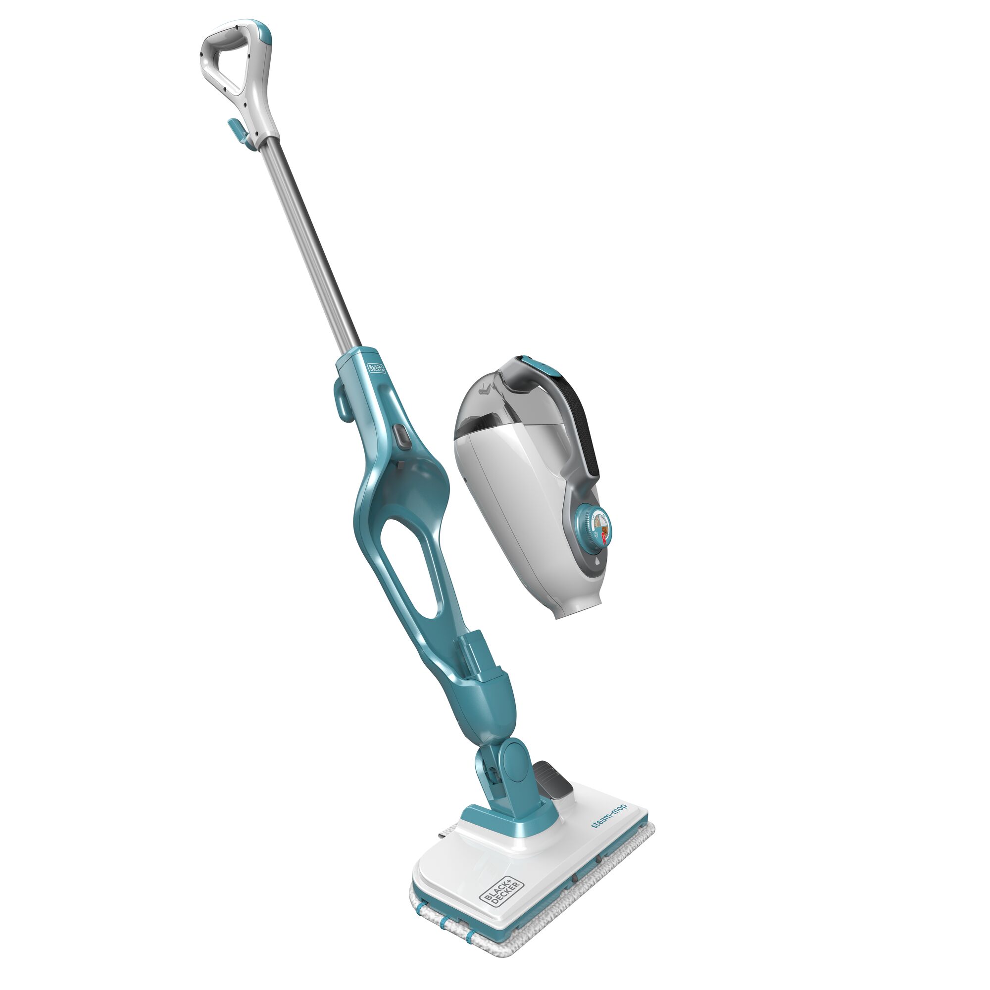 A BLACK+DECKER steam mop with detachable handheld unit, shown in turquoise and white colors. The mop has a rectangular cleaning head and an ergonomic handle.