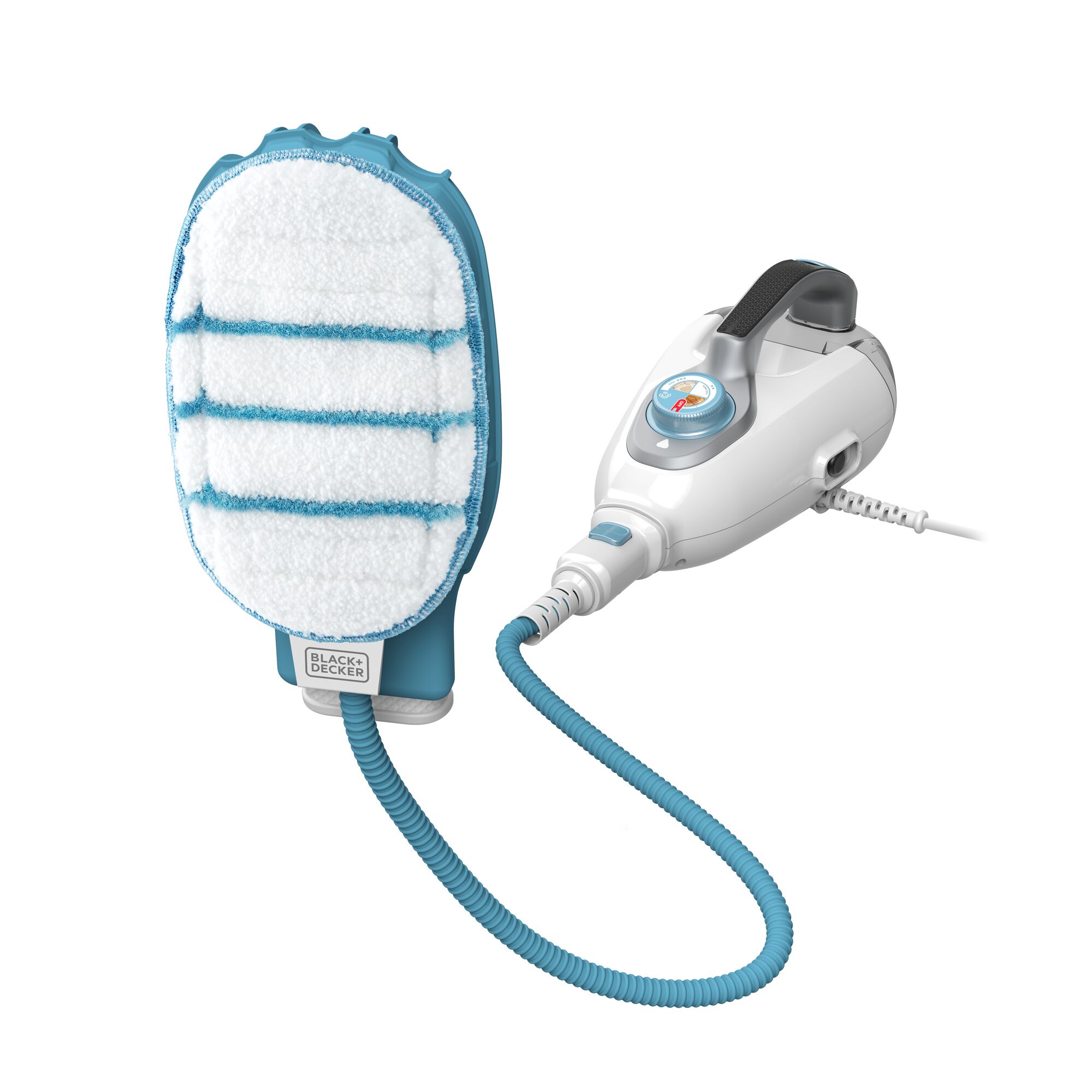 A BLACK+DECKER handheld steam cleaner with a white and blue cleaning pad, connected by a blue hose to a white control unit with a handle and dial.