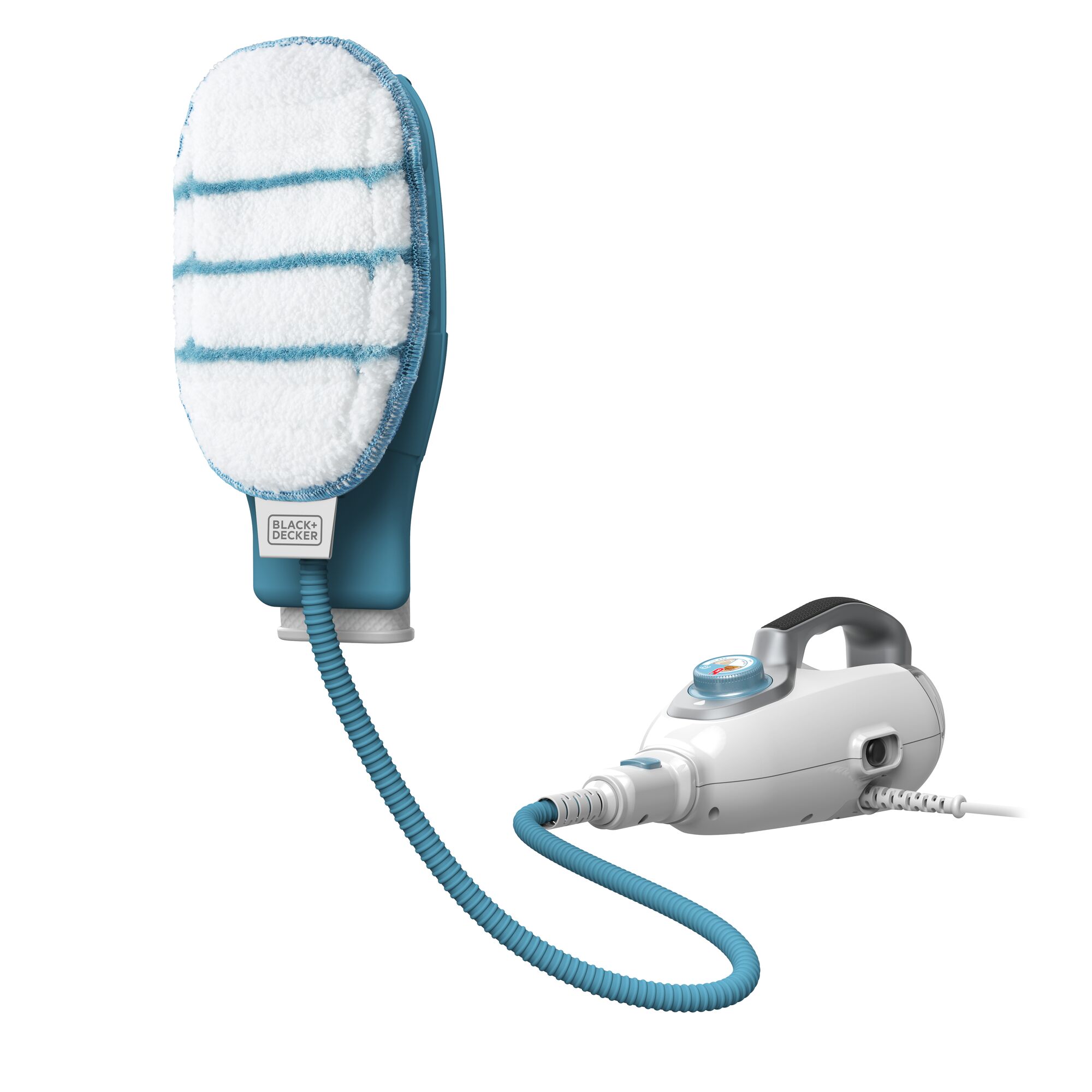A BLACK+DECKER steam cleaning device with a large handheld cleaning pad attached by a blue hose to a white and blue control unit.