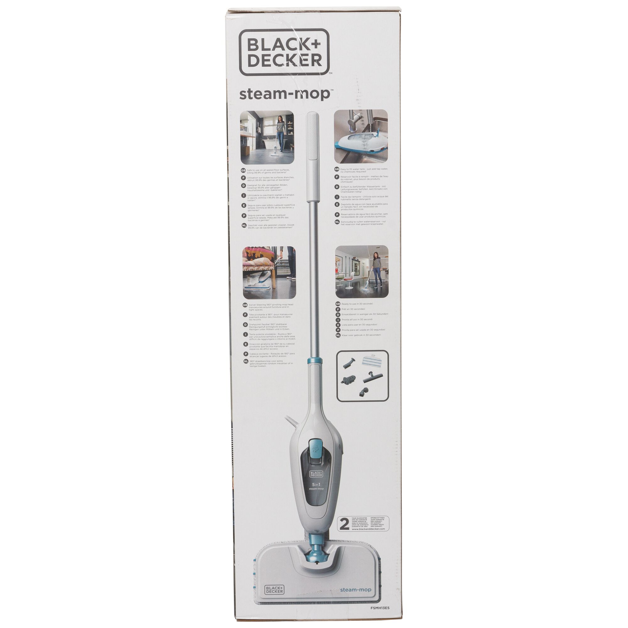 BLACK+DECKER FSMH13E5 steam mop box front view with product photo, features, and usage illustrations.