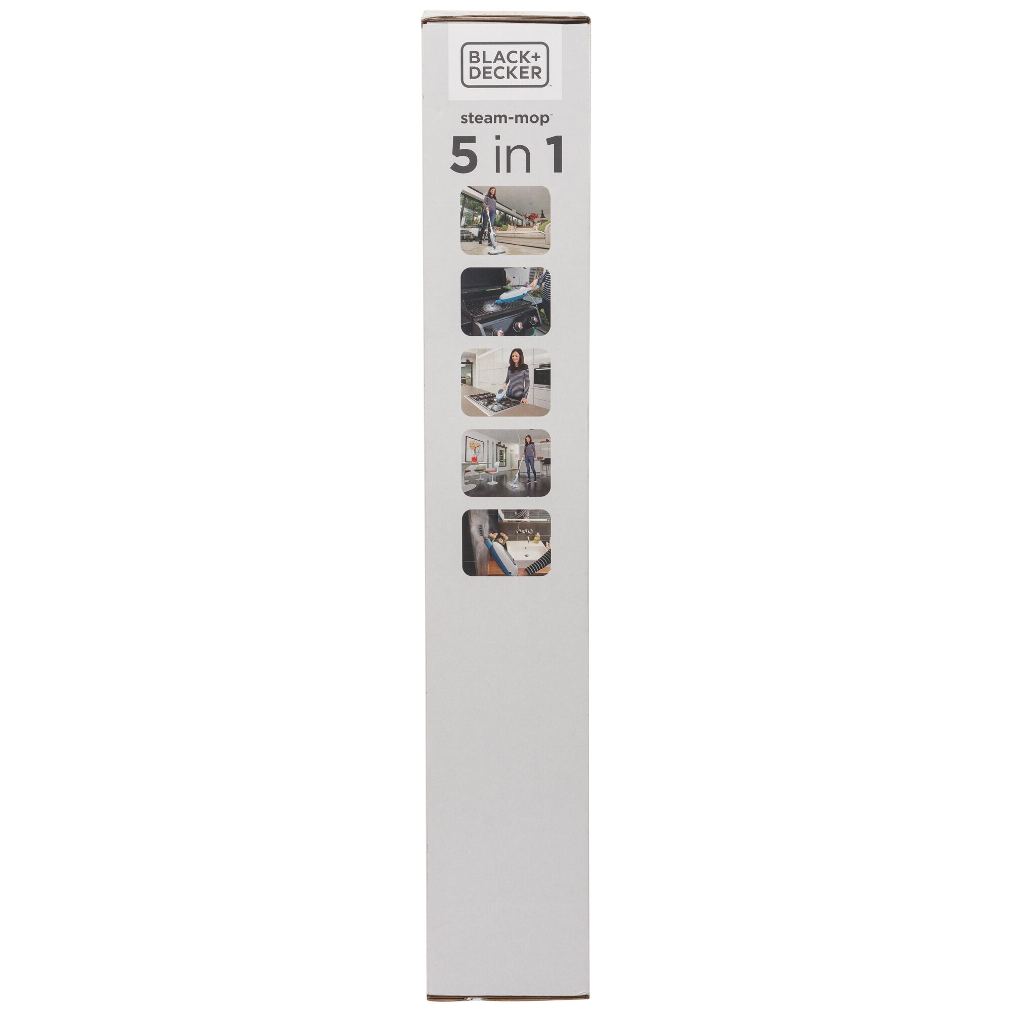 Photo of BLACK+DECKER FSMH13E5 steam-mop 5 in 1 product box, side view on white background.