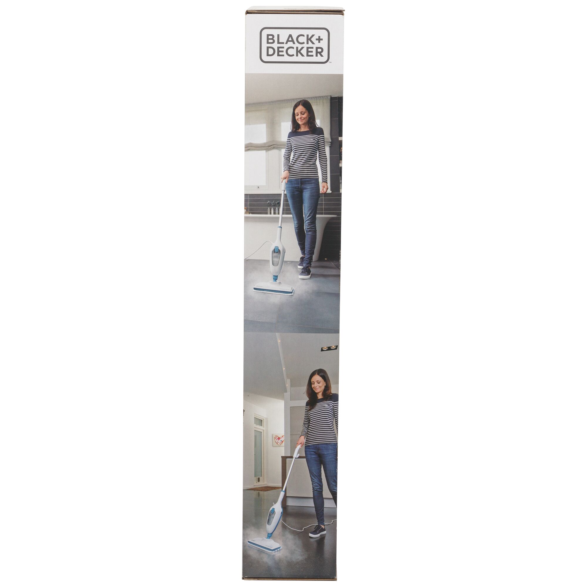 BLACK+DECKER FSMH13E5 steam mop retail box front view, showing product photo in use on floors.