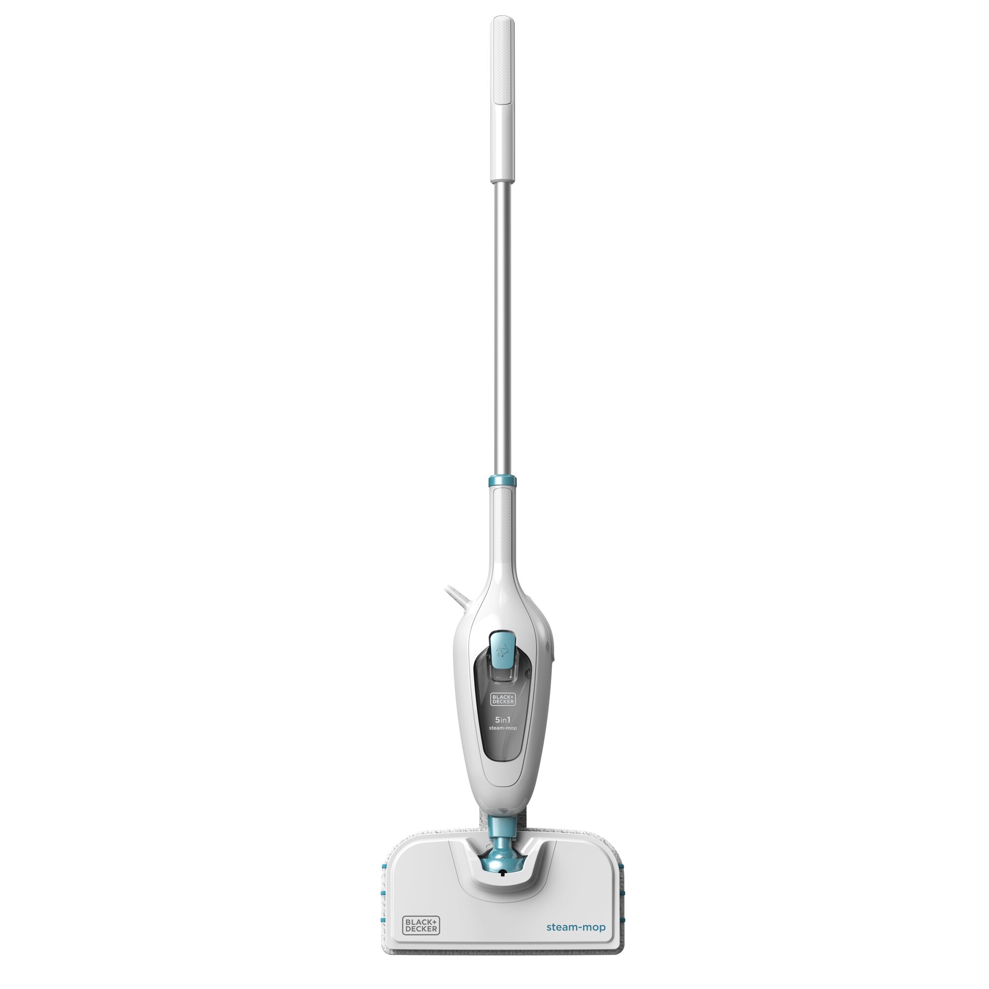 BLACKDECKER FSMH13E5 steam mop upright on white background, white and blue design, front angle.
