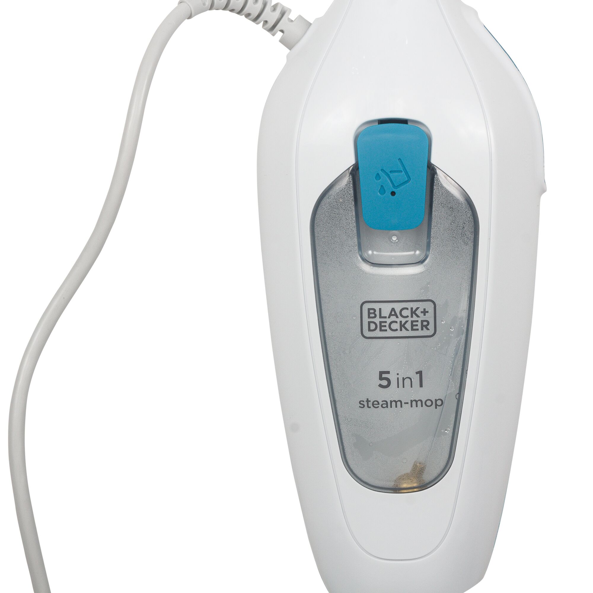 BLACKDECKER FSMH13E5 5-in-1 steam mop, white body with blue control, close-up front angle.