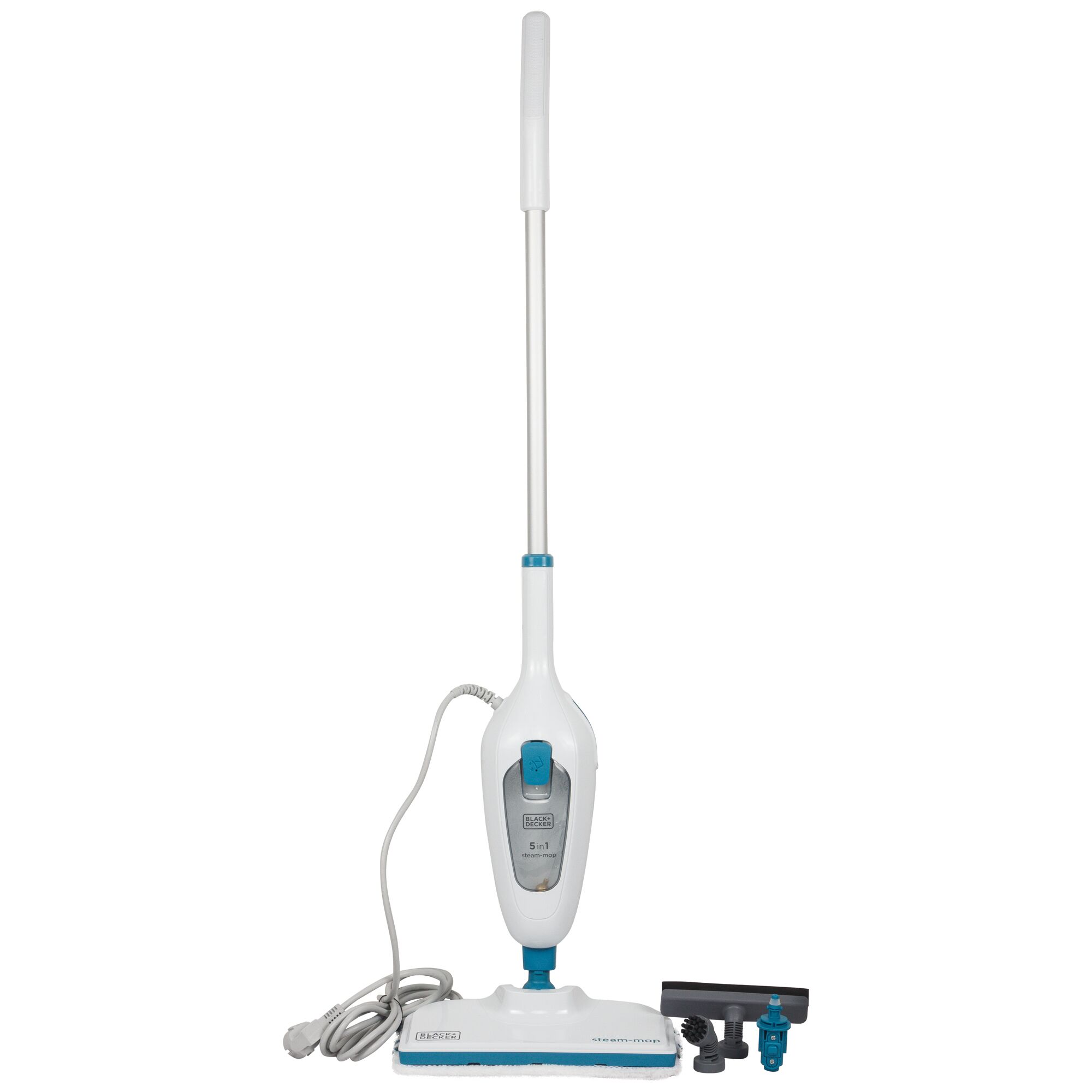 BLACKDECKER steam mop FSMH13E5 with accessories, white and blue, front angle on white background.