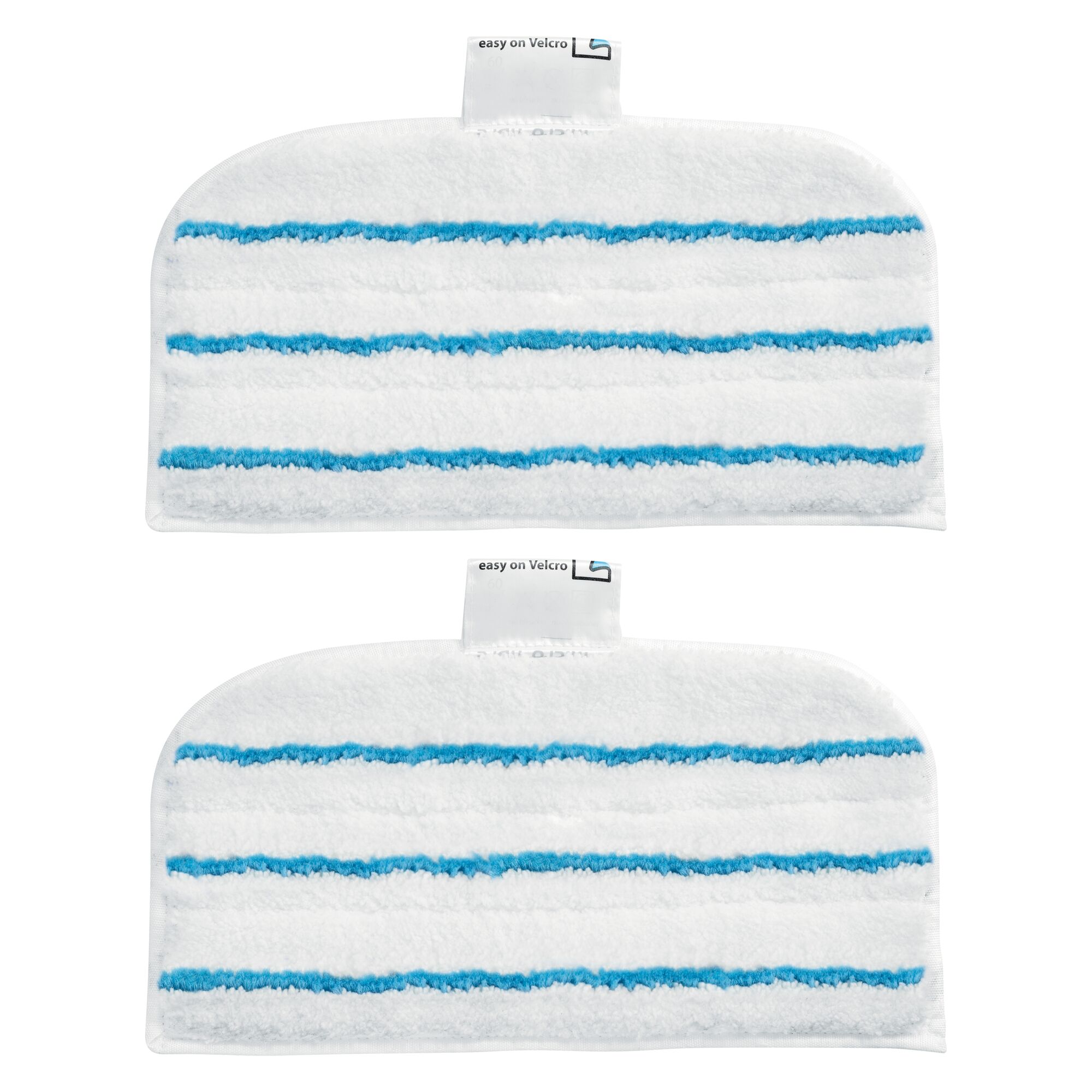 Two rectangular white microfiber mop pads with blue stripes and a fabric tab, shown against a plain background.