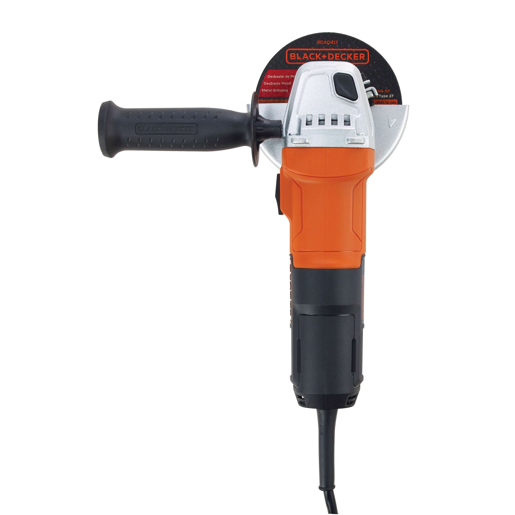 BLACKDECKER G650 angle grinder front view, orange and black body, side handle, photography