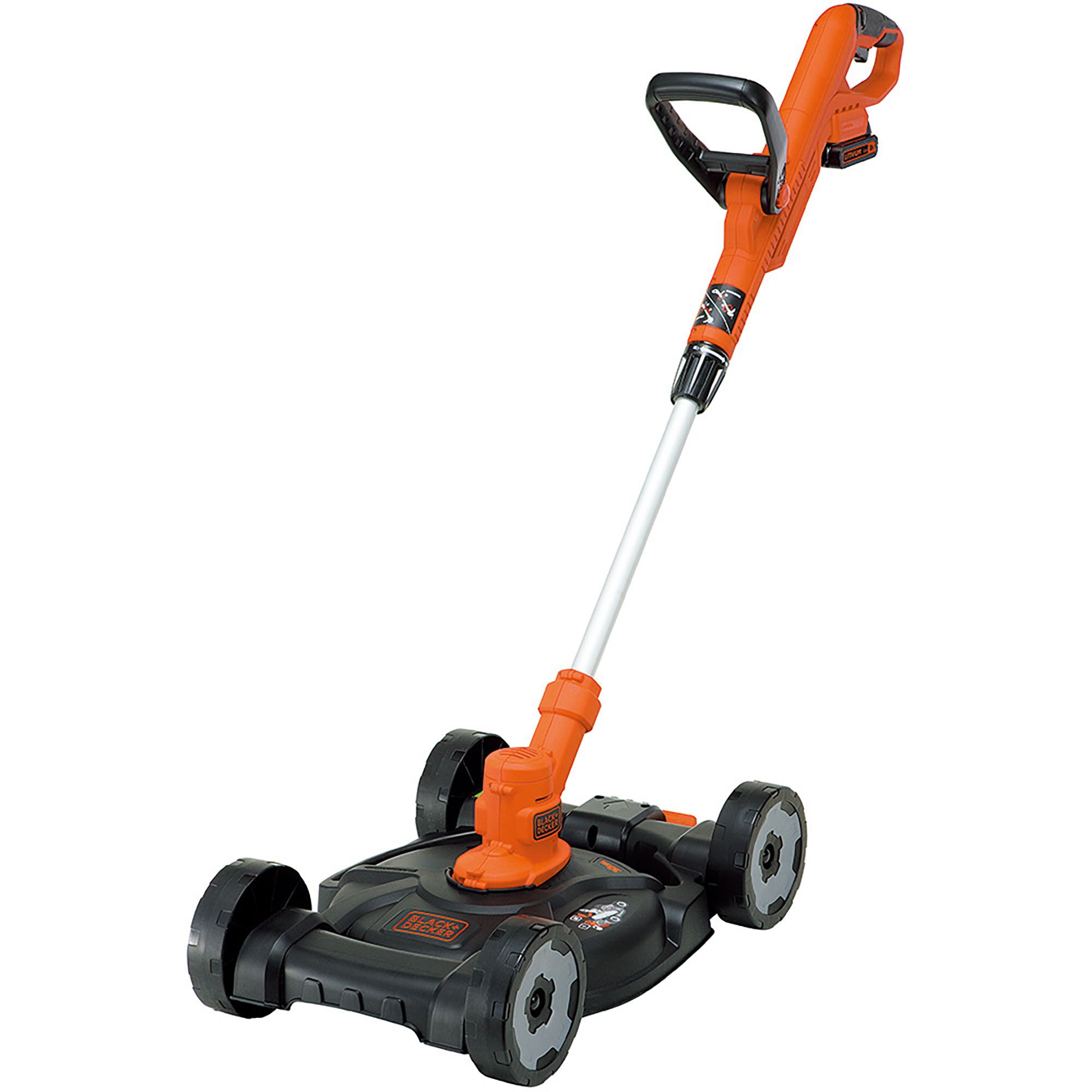 BLACKDECKER GCM18BN cordless lawn mower, orange and black, side angle on white background.