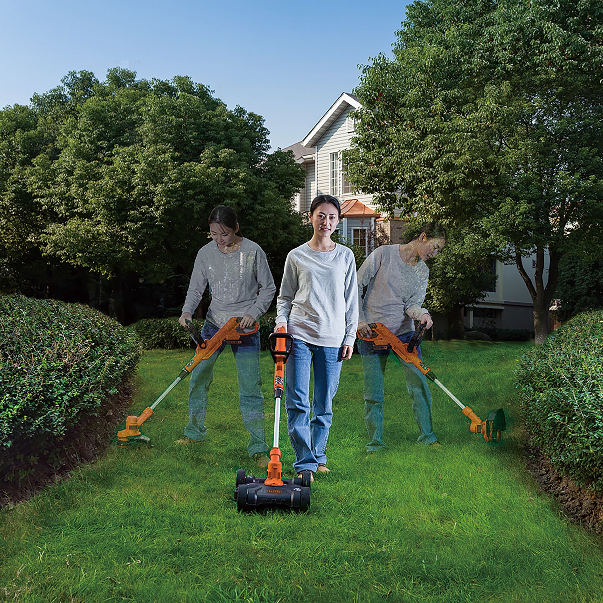 BLACKDECKER GCM18BN cordless lawn mower and trimmer used on grass with people in a garden setting.