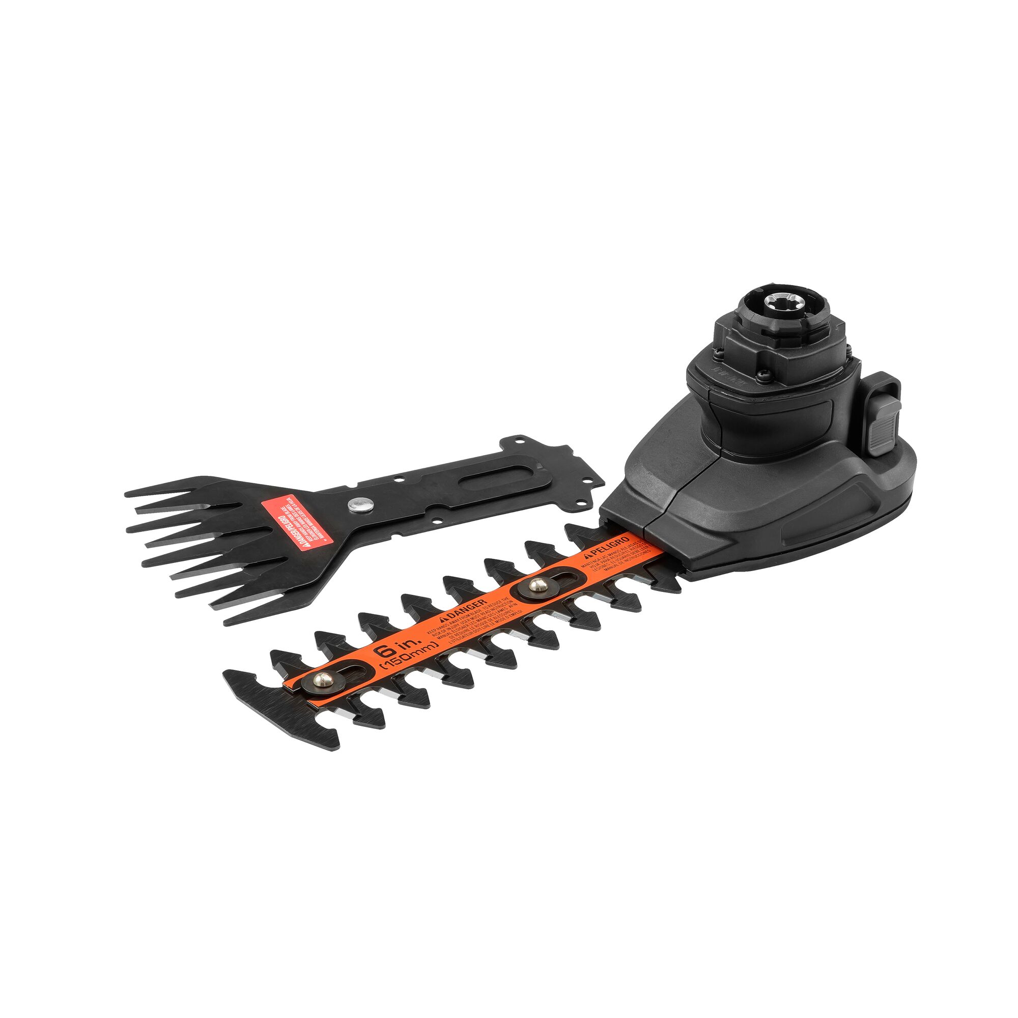 BLACKDECKER GEH183 hedge trimmer attachment set, black and orange, photography, side angle.
