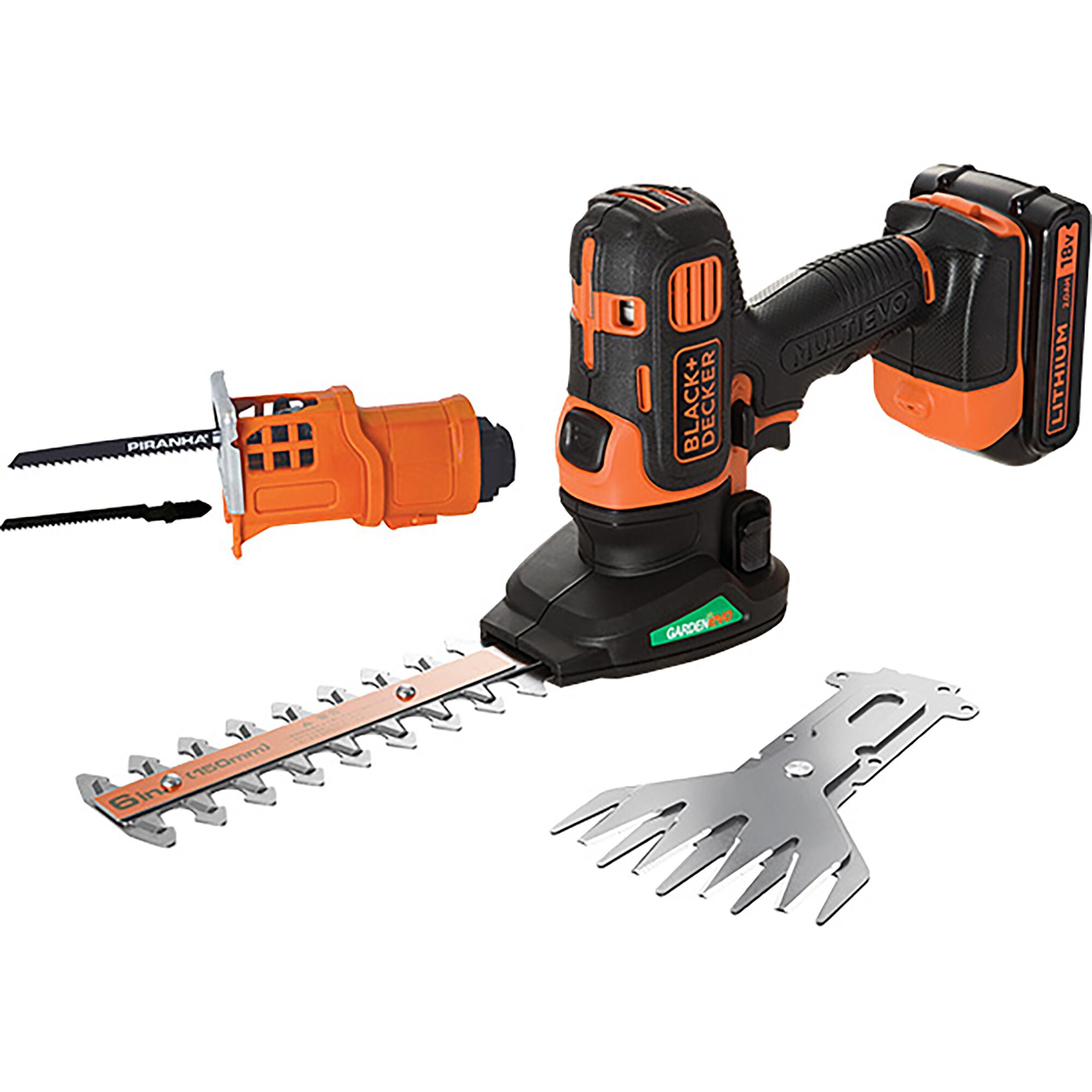 BLACK+DECKER GEVO183N cordless multi-tool kit with saw and shear blades, orange and black, front angle.