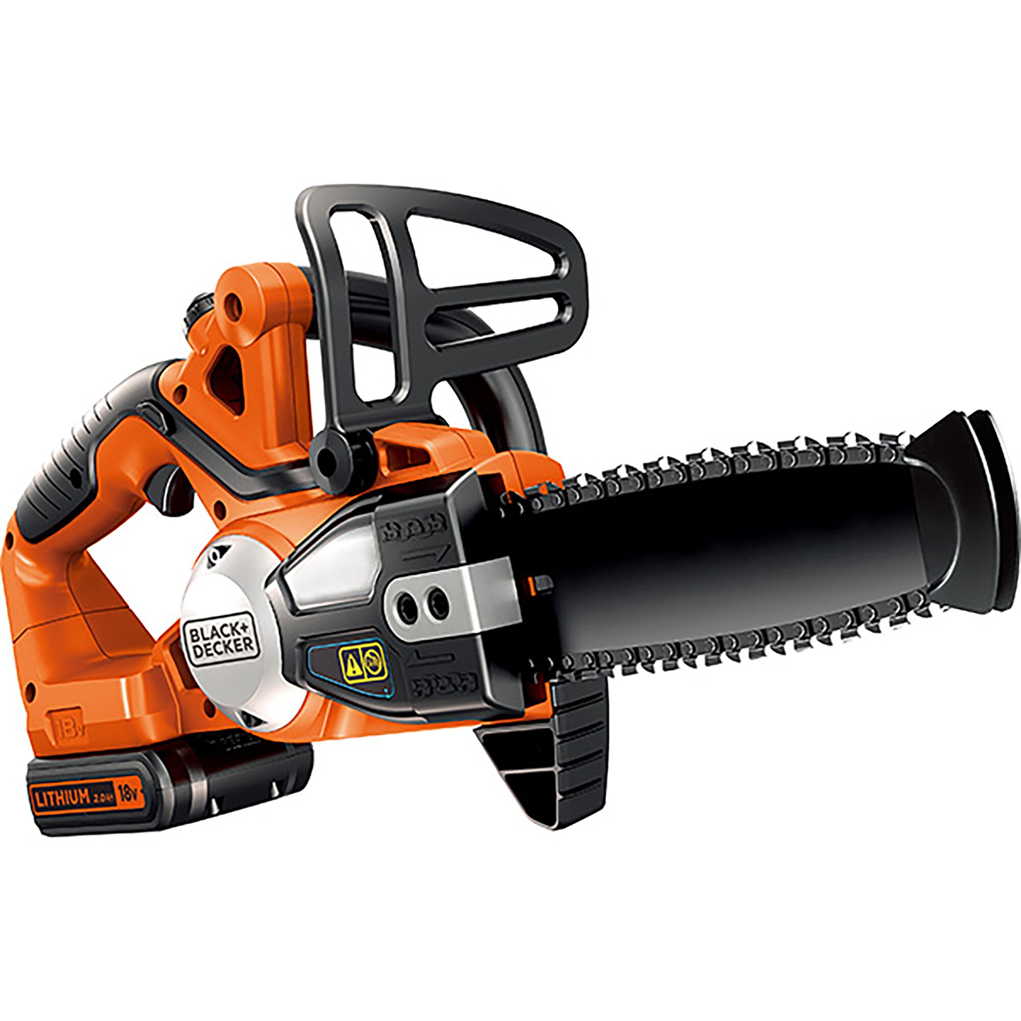 BLACKDECKER GKC1820LBN cordless chainsaw, orange and black, side angle on white background.