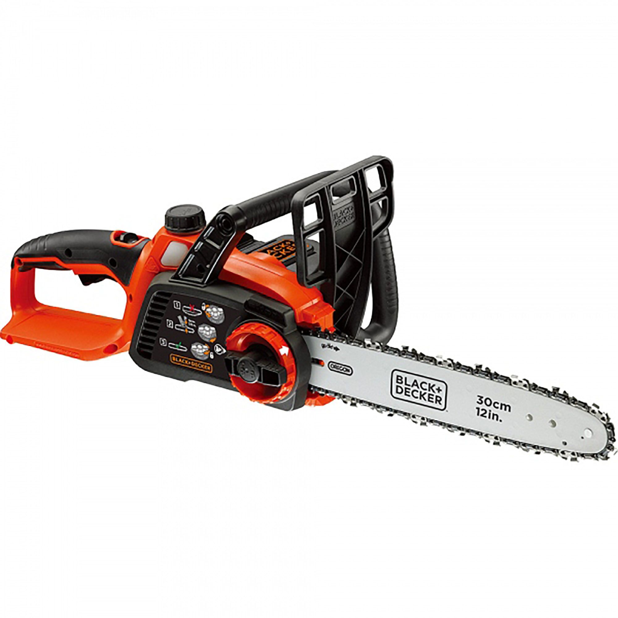 BLACKDECKER GKC3630L cordless chainsaw, orange and black, 30cm bar, side angle on white background.