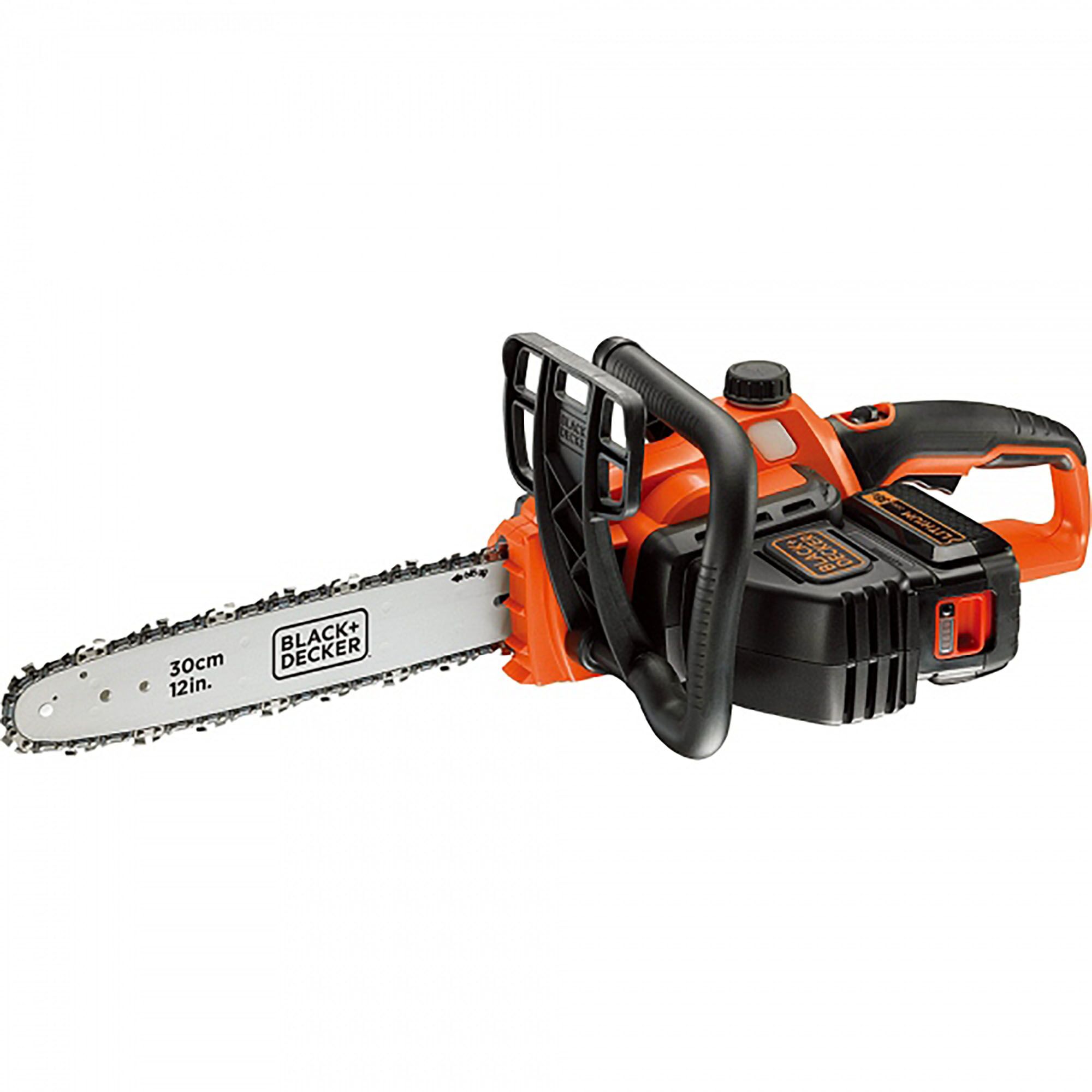 BLACKDECKER GKC3630L chainsaw, orange and black, side view, 30cm blade, cordless design.