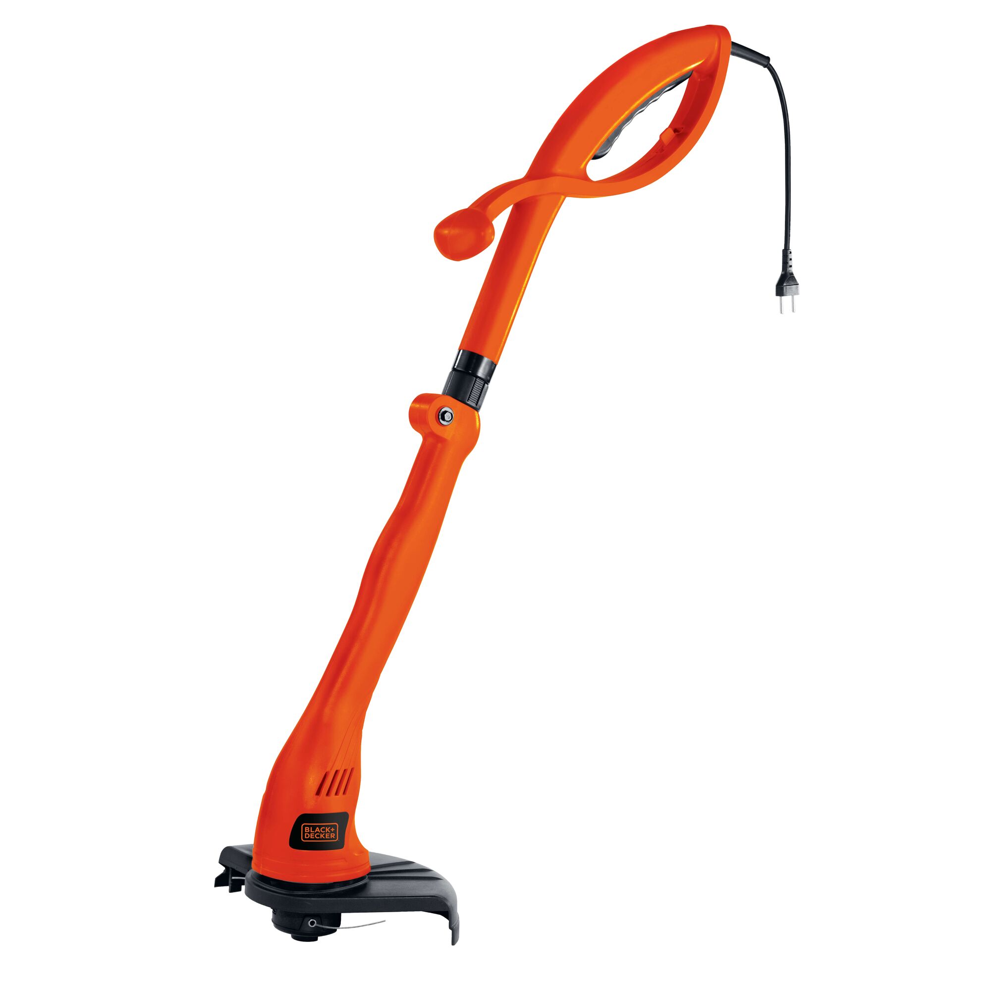 BLACKDECKER GL300 orange electric grass trimmer, side view, black cutting head, cord and plug visible.