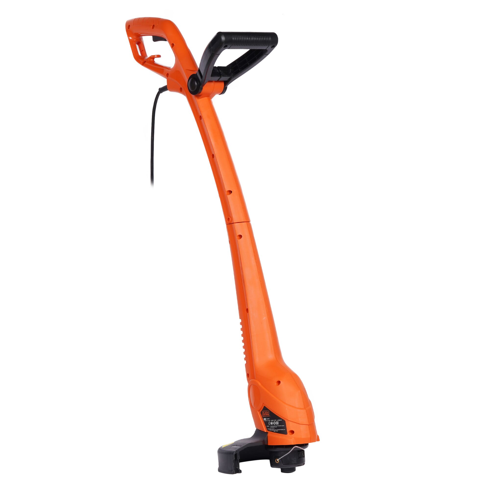 BLACKDECKER GL350L orange electric grass trimmer side angle on white background.