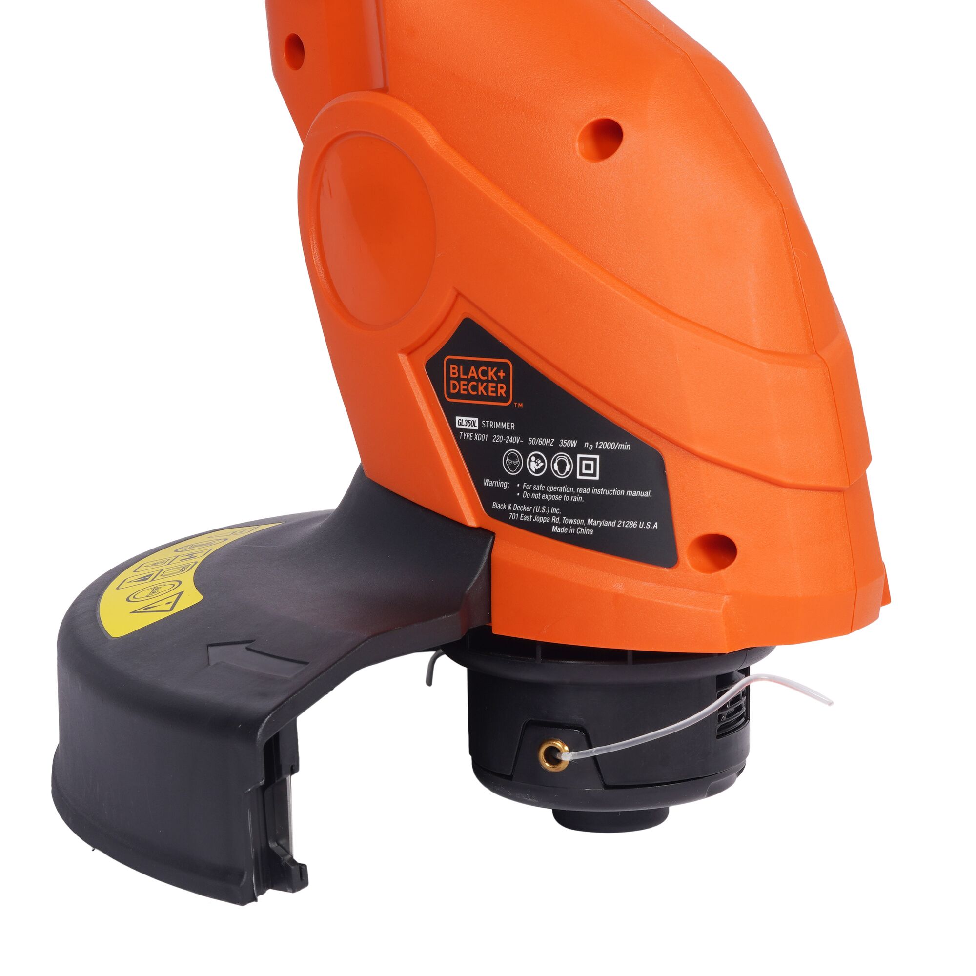 BLACKDECKER GL350L orange trimmer close-up on white background showing spool and guard.