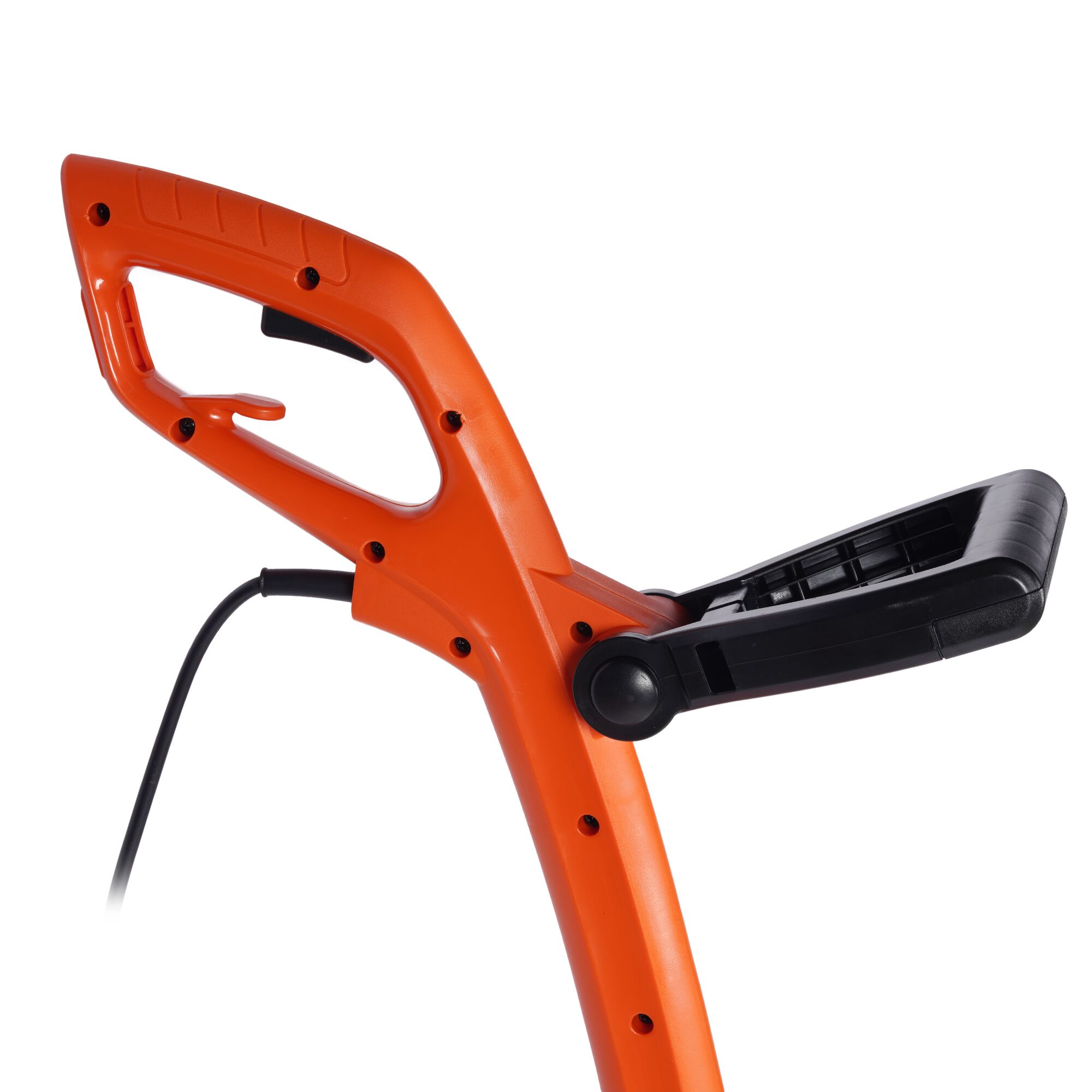 BLACKDECKER GL350L lawn trimmer handle in orange and black, side angle photo on white background.