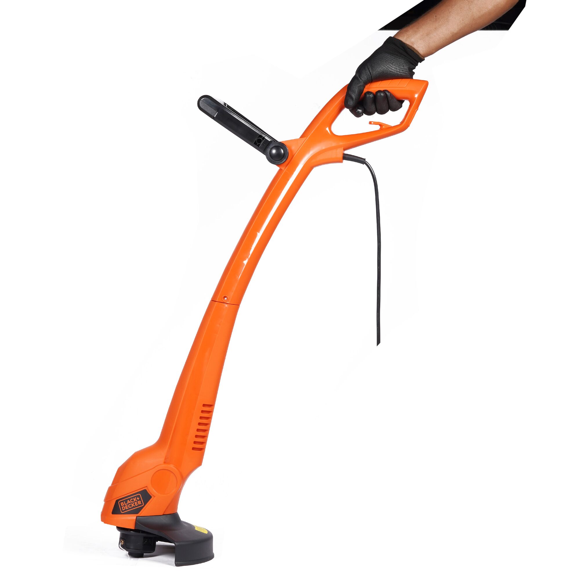 BLACKDECKER GL350L orange electric string trimmer side angle with gloved hand holding handle, white background.