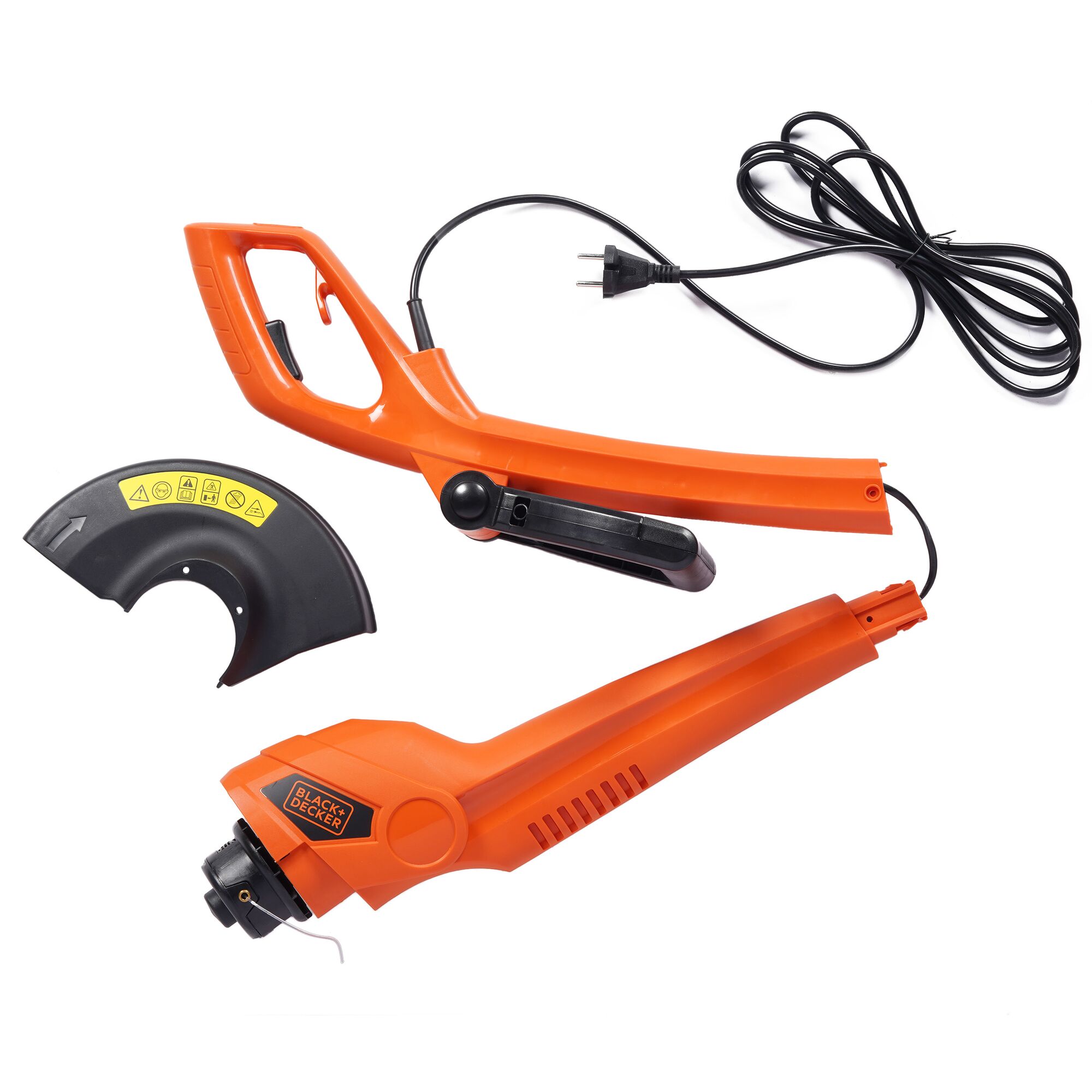 BLACK+DECKER GL350L orange electric grass trimmer disassembled on white background, with power cord and safety guard.