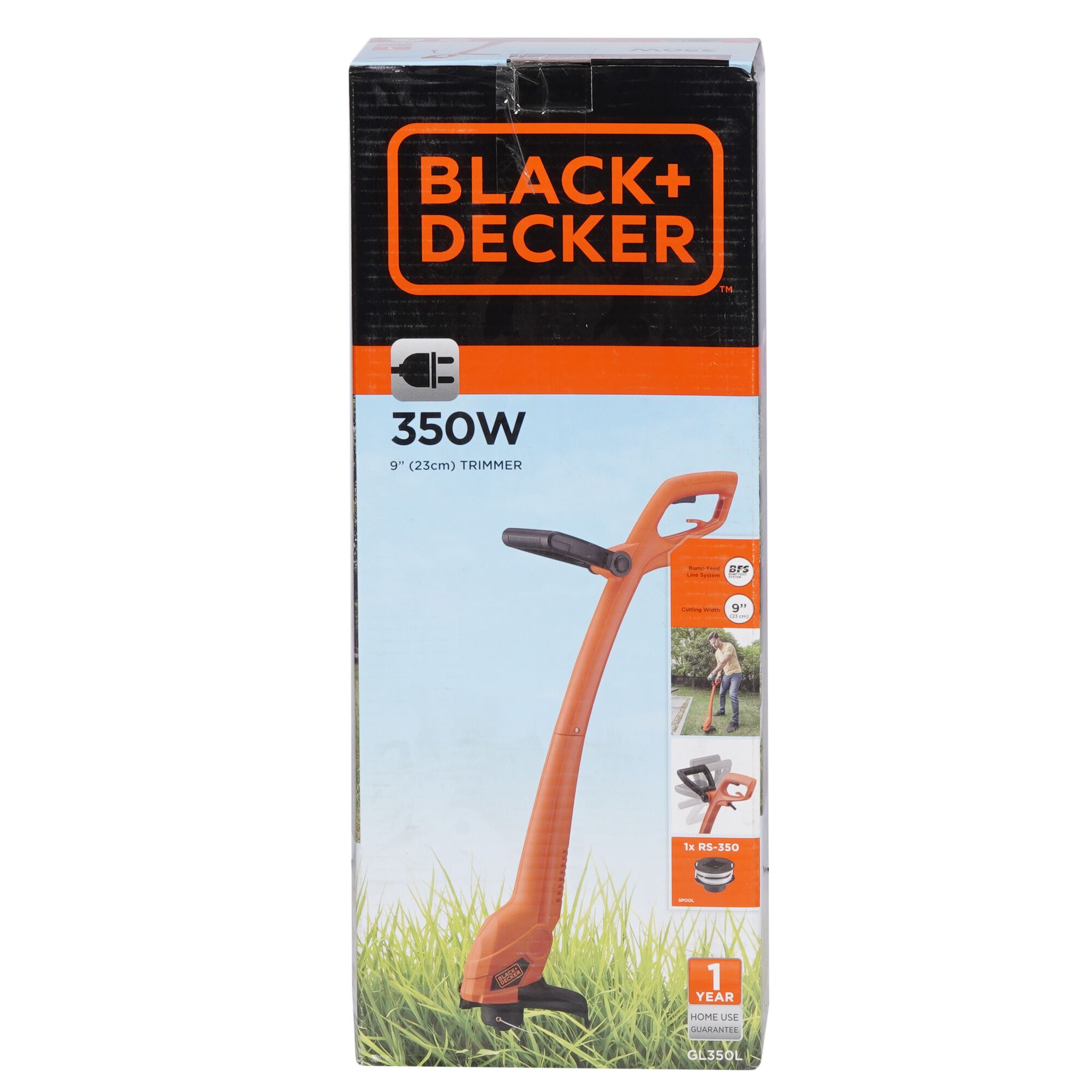 Front view photo of BLACK+DECKER GL350L 350W 9-inch orange electric grass trimmer in packaging.