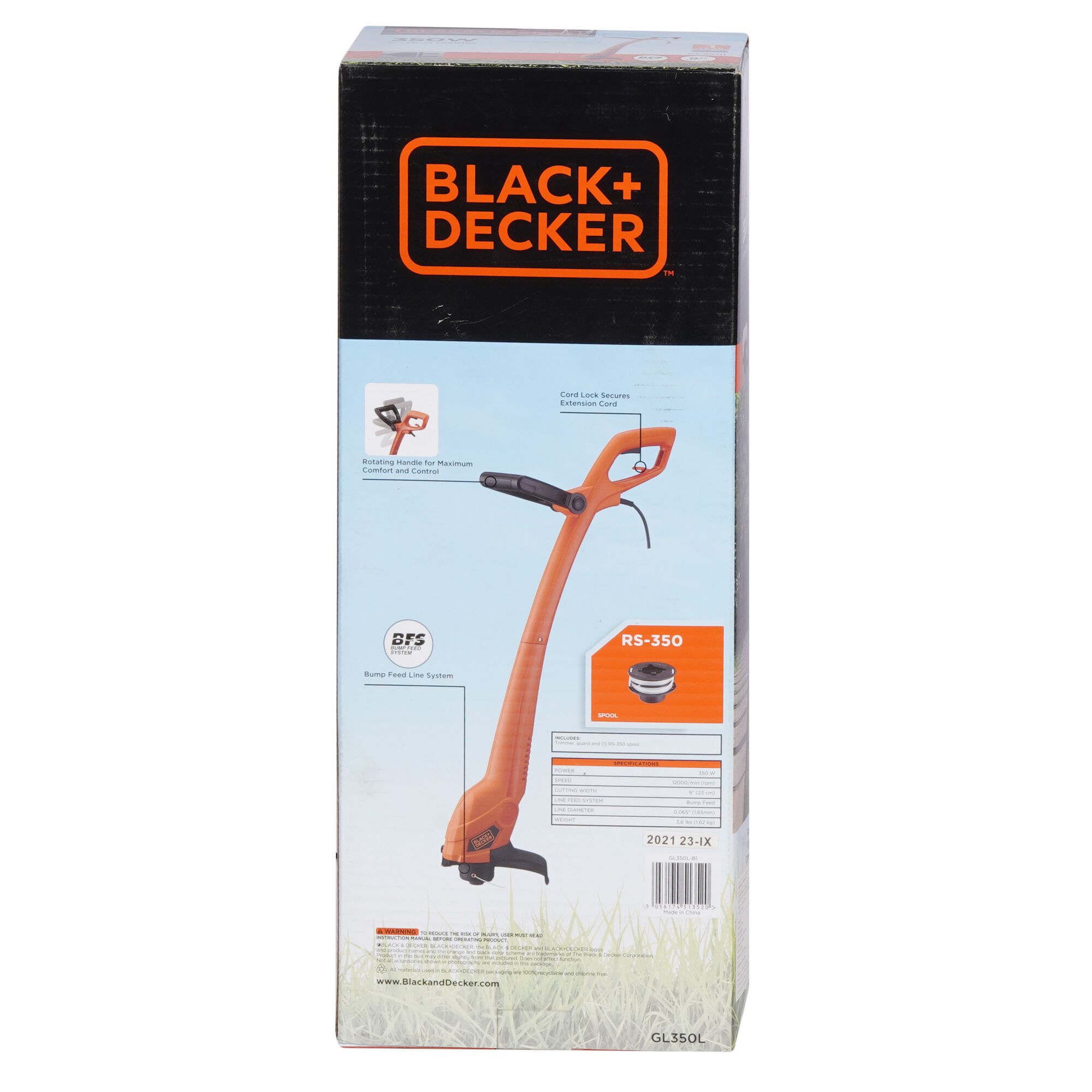 Photo of BLACK+DECKER GL350L string trimmer on box, upright front angle, orange tool and branding visible.