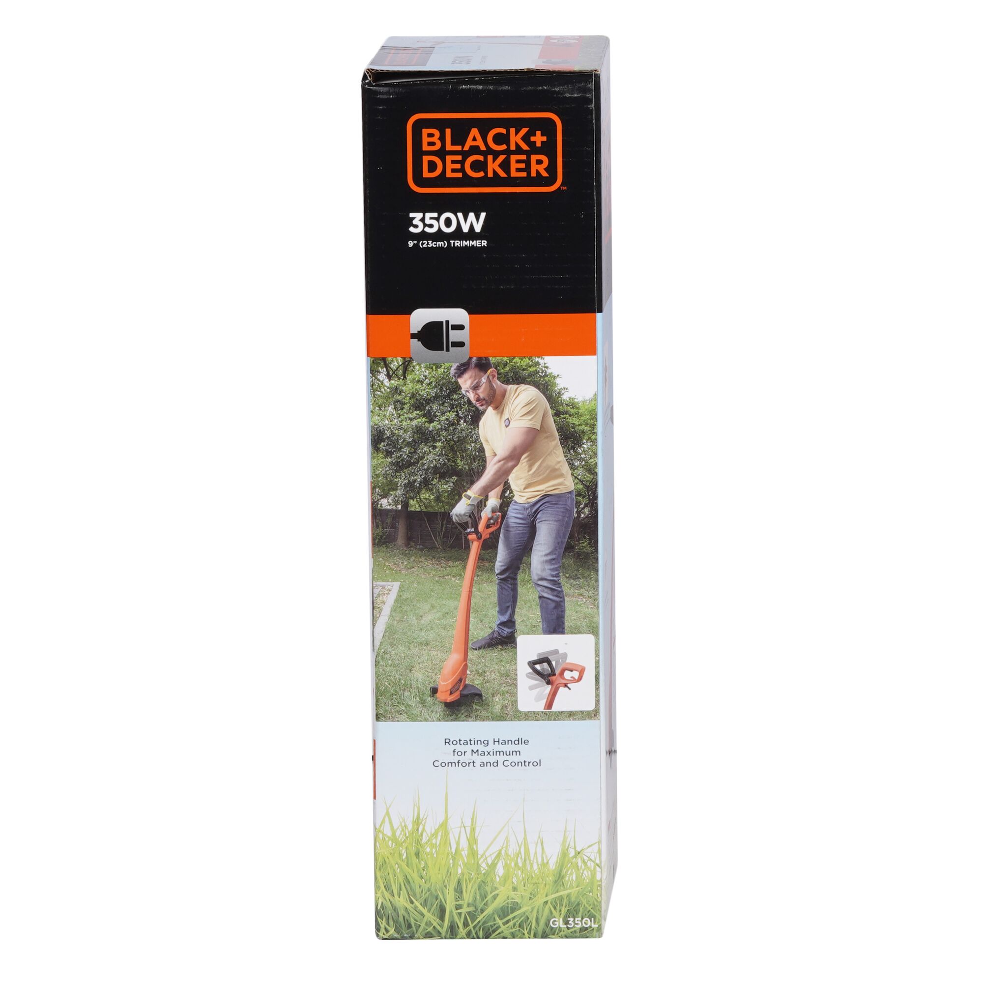 Photo of BLACKDECKER GL350L 350W grass trimmer box with product image and features on front, angled view.