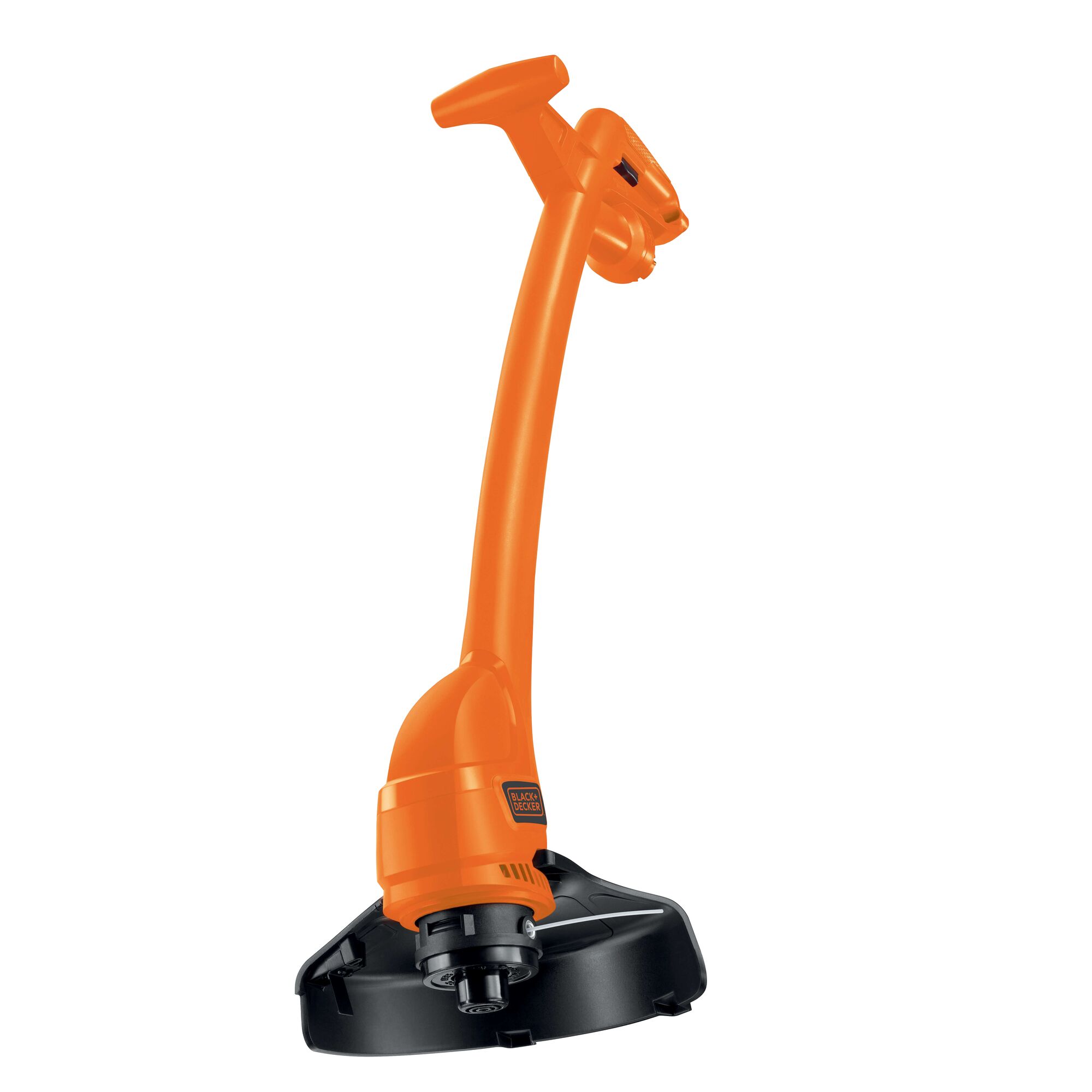 Photo of BLACKDECKER GL360 orange and black grass trimmer, side angle on white background.