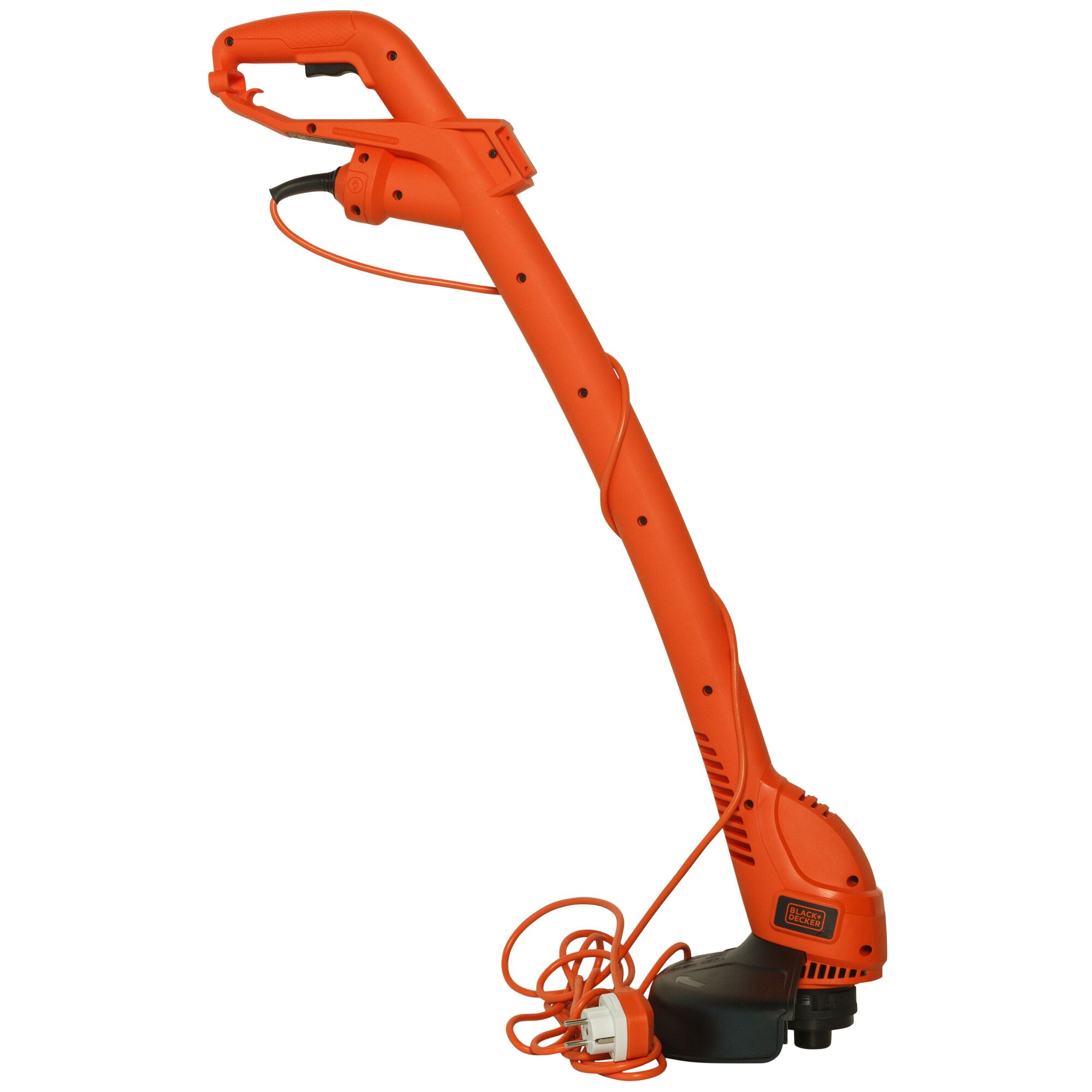 BLACKDECKER GL360 orange electric grass trimmer side view, corded model on white background.