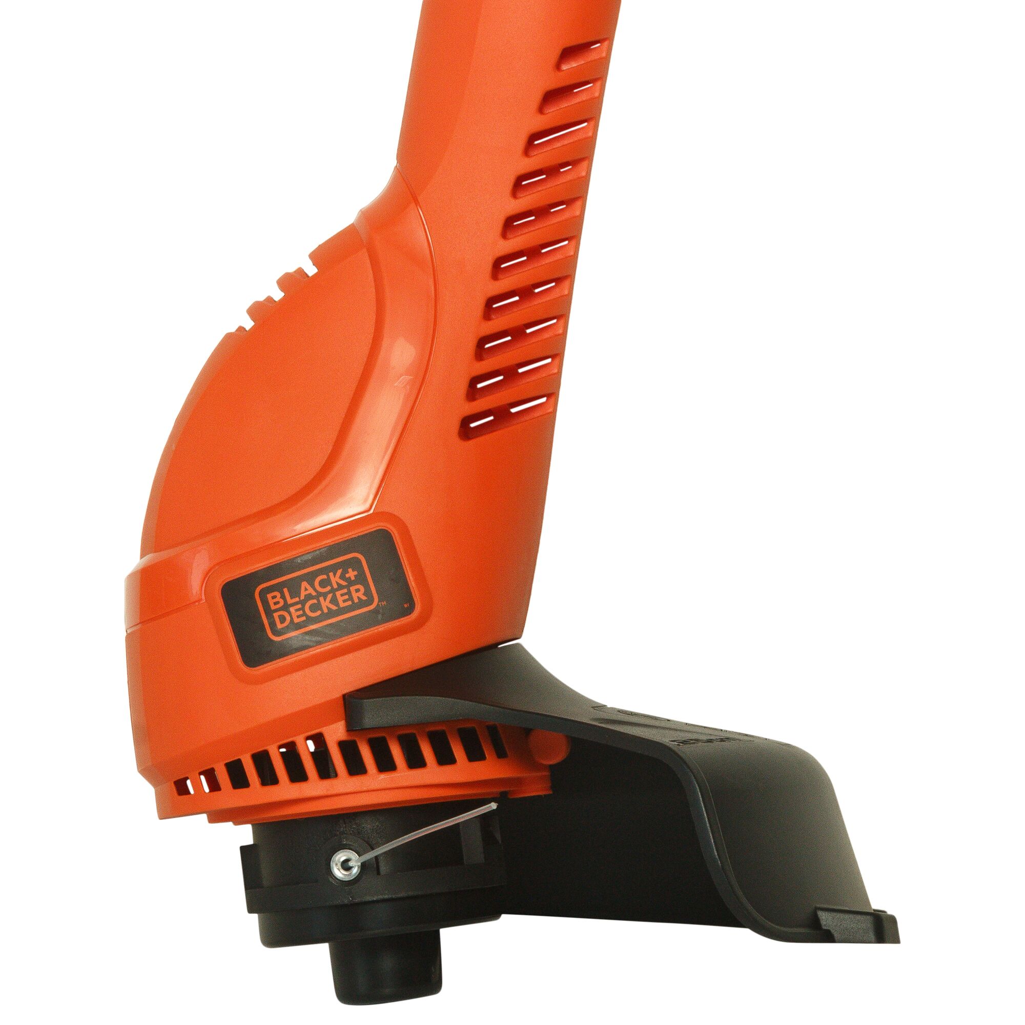 BLACKDECKER GL360 orange and black string trimmer side view on white background.