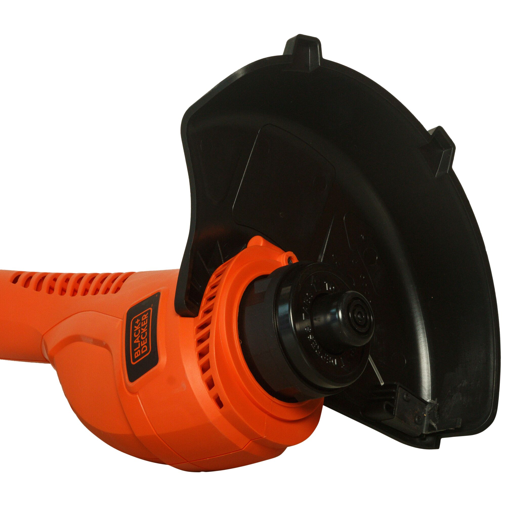 BLACKDECKER GL360 orange lawn trimmer close-up with black protective guard, white background.