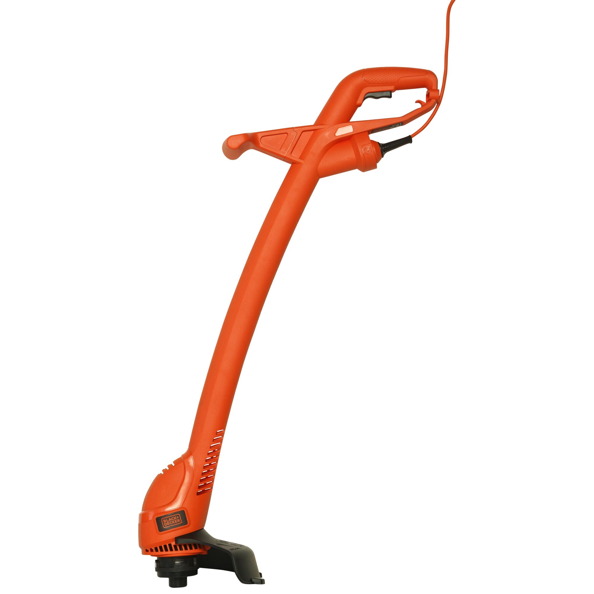BLACKDECKER GL360 orange electric grass trimmer side view on white background