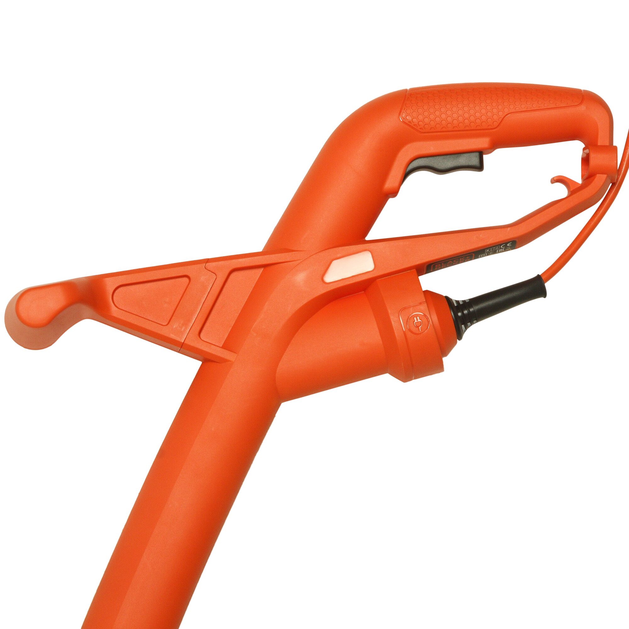 BLACKDECKER GL360 orange lawn trimmer handle, close-up angle, textured grip and trigger.