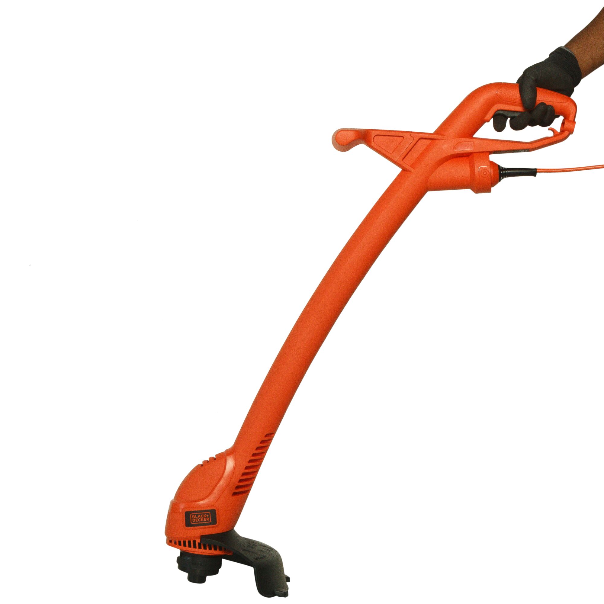 BLACKDECKER GL360 orange electric grass trimmer side view, ergonomic handle and curved shaft.