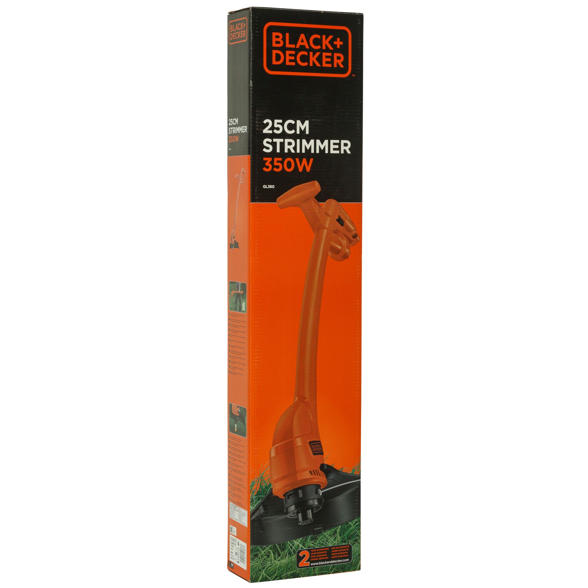 BLACK+DECKER GL360 25cm 350W strimmer in orange, product box front angle, lawn in background.