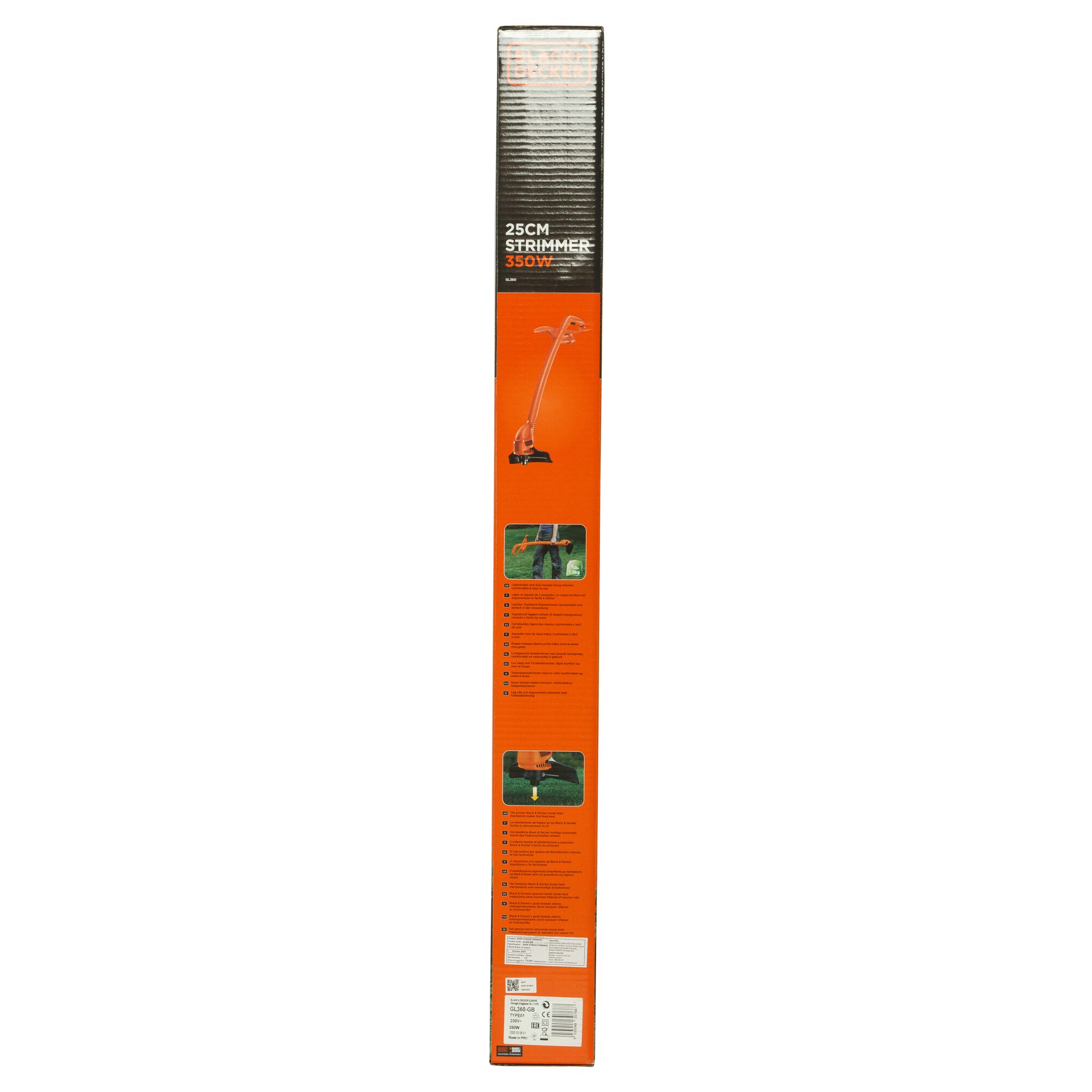 BLACKDECKER GL360 photography of orange box for 25cm 350W strimmer, front angle on white background.