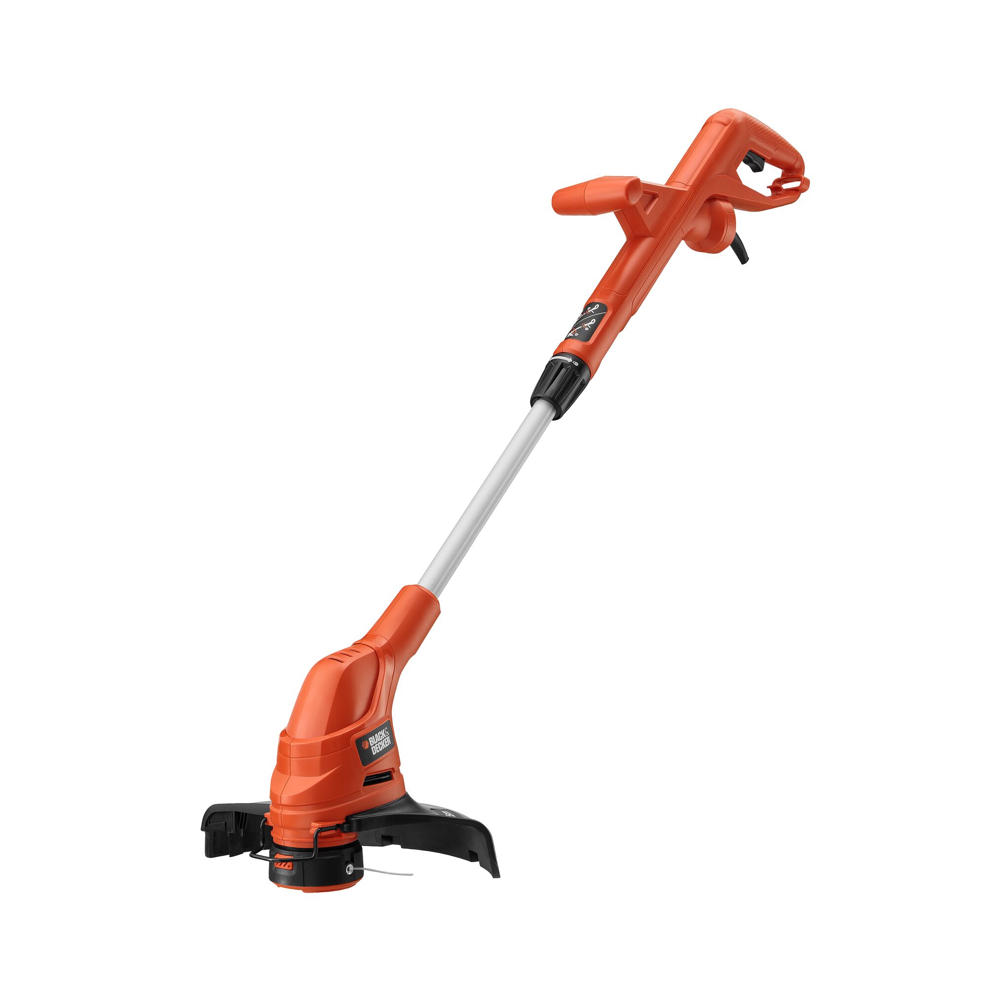 BLACK+DECKER GL4525CM orange electric grass trimmer side angle on white background.