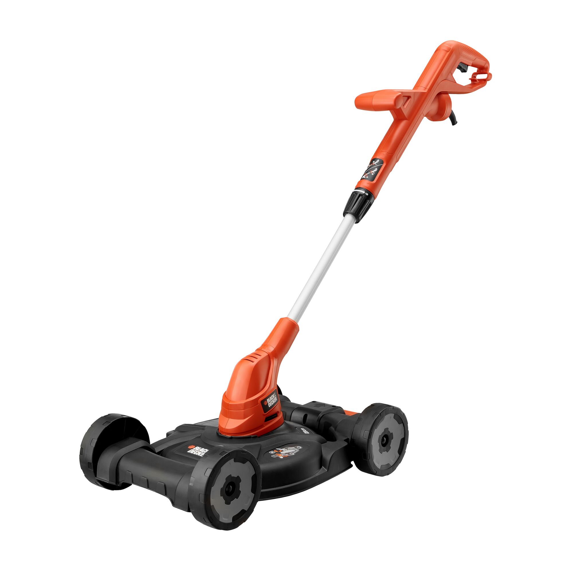 BLACKDECKER GL4525CM orange and black lawn mower side angle on white background.