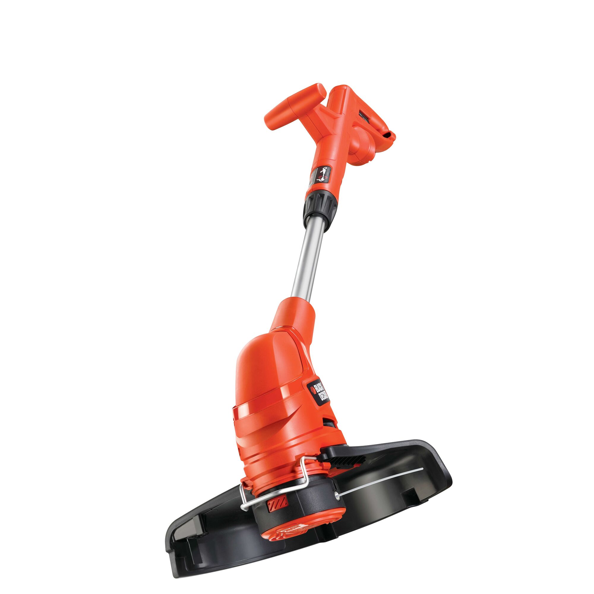 BLACKDECKER GL4525 orange grass trimmer, side angle, showing handle and cutting head.