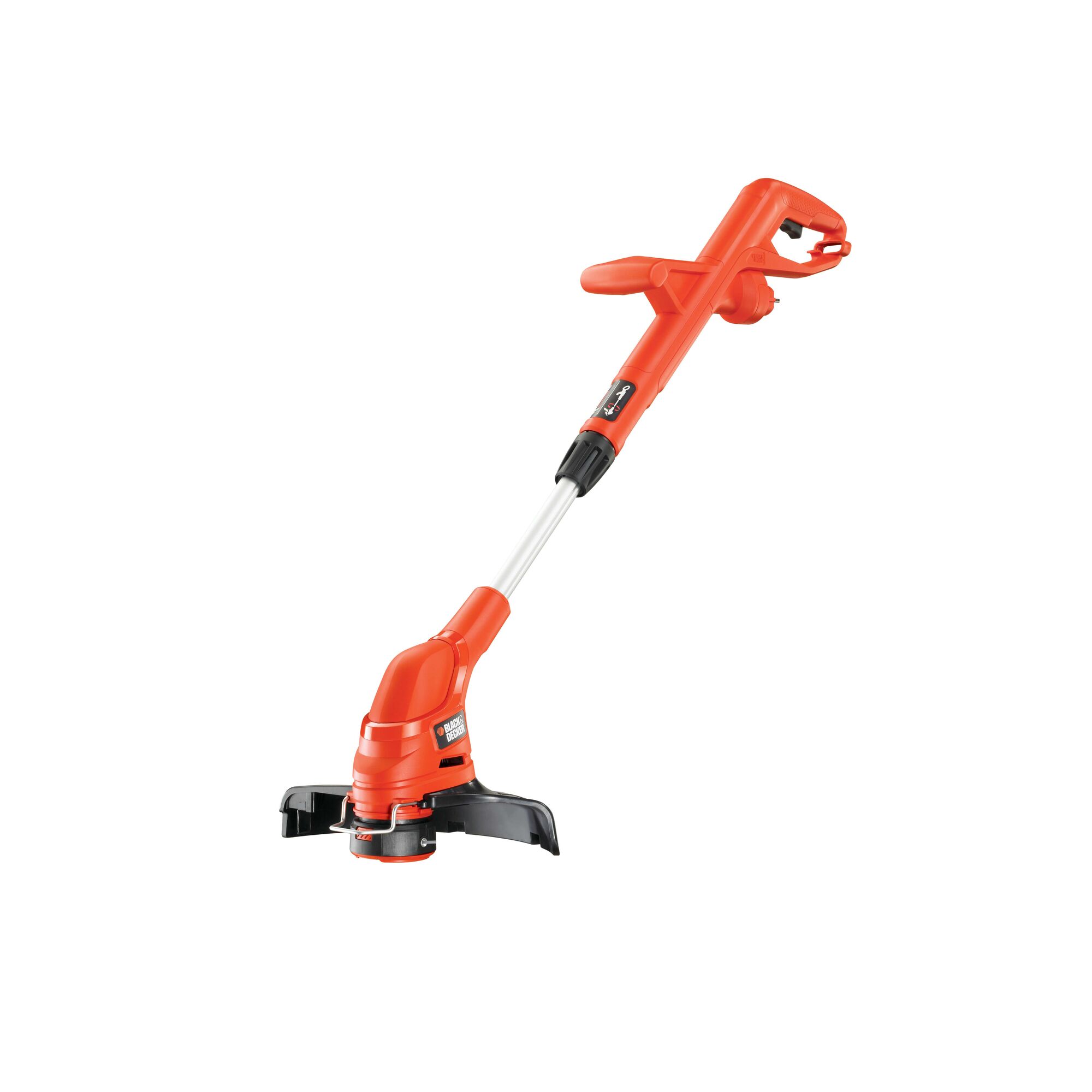 BLACKDECKER GL4525 orange electric grass trimmer, side angle on white background.
