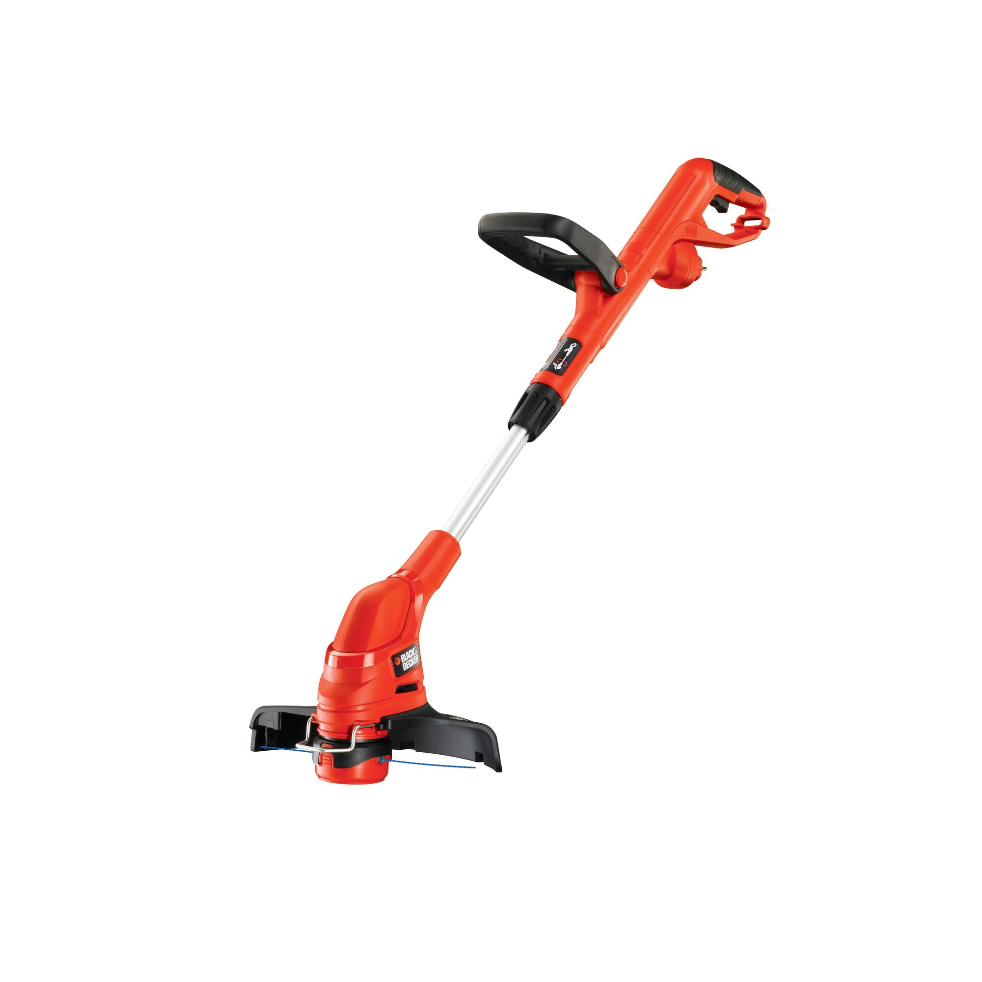 BLACKDECKER GL5530 red electric grass trimmer, side angle with adjustable handle on white background.